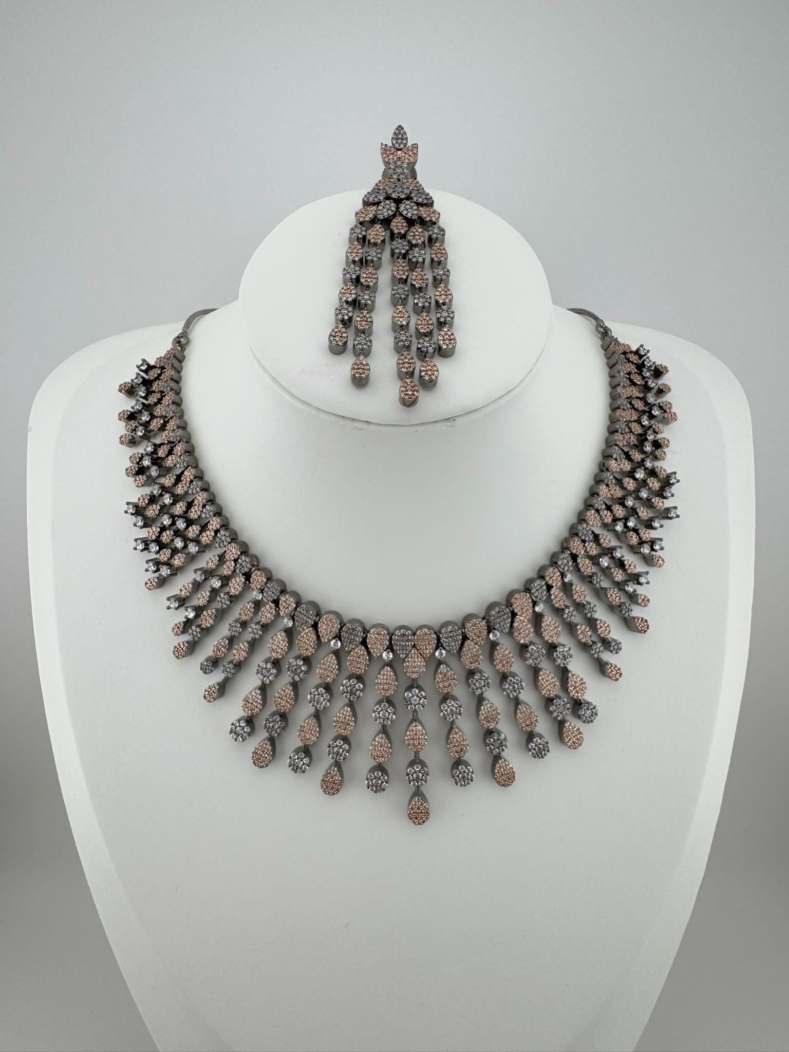 Unique Premium Victorian American Diamond, Cubic Zirconia Bridal Necklace with long earrings