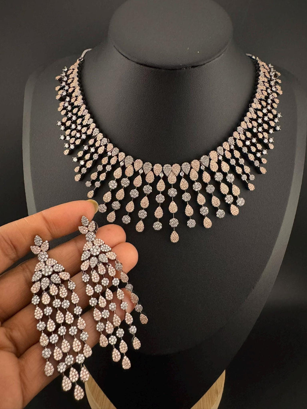 Unique Premium Victorian American Diamond, Cubic Zirconia Bridal Necklace with long earrings