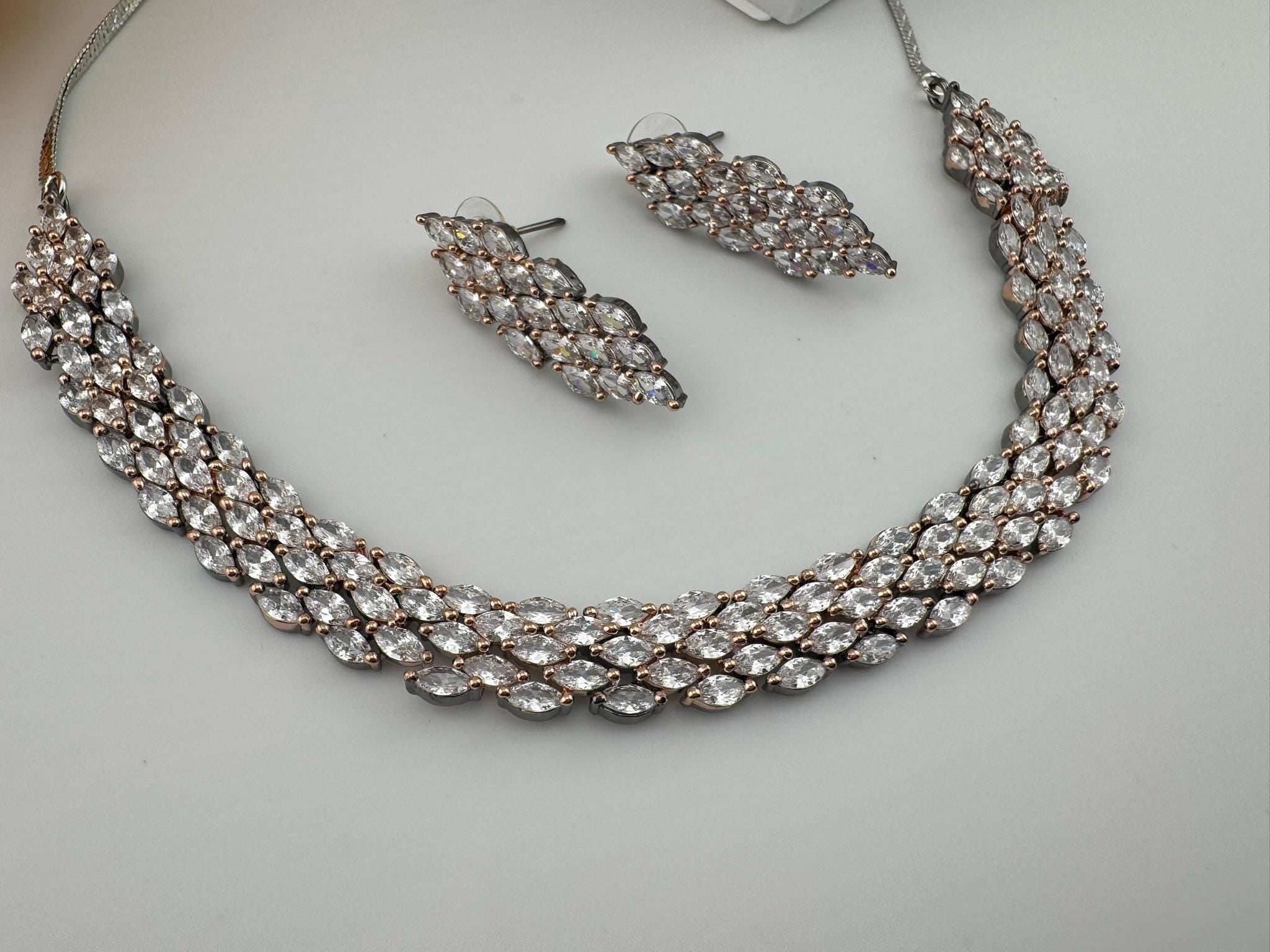 Premium American Diamond, Cubic Zirconia Unique Necklace set with light earring