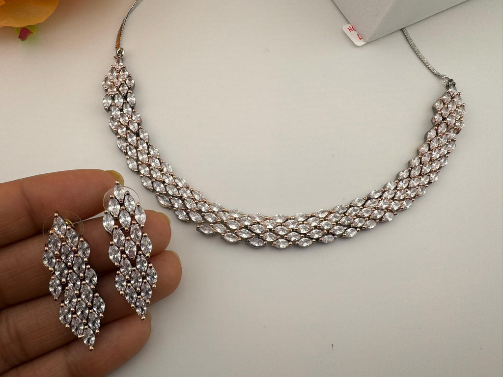 Premium American Diamond, Cubic Zirconia Unique Necklace set with light earring