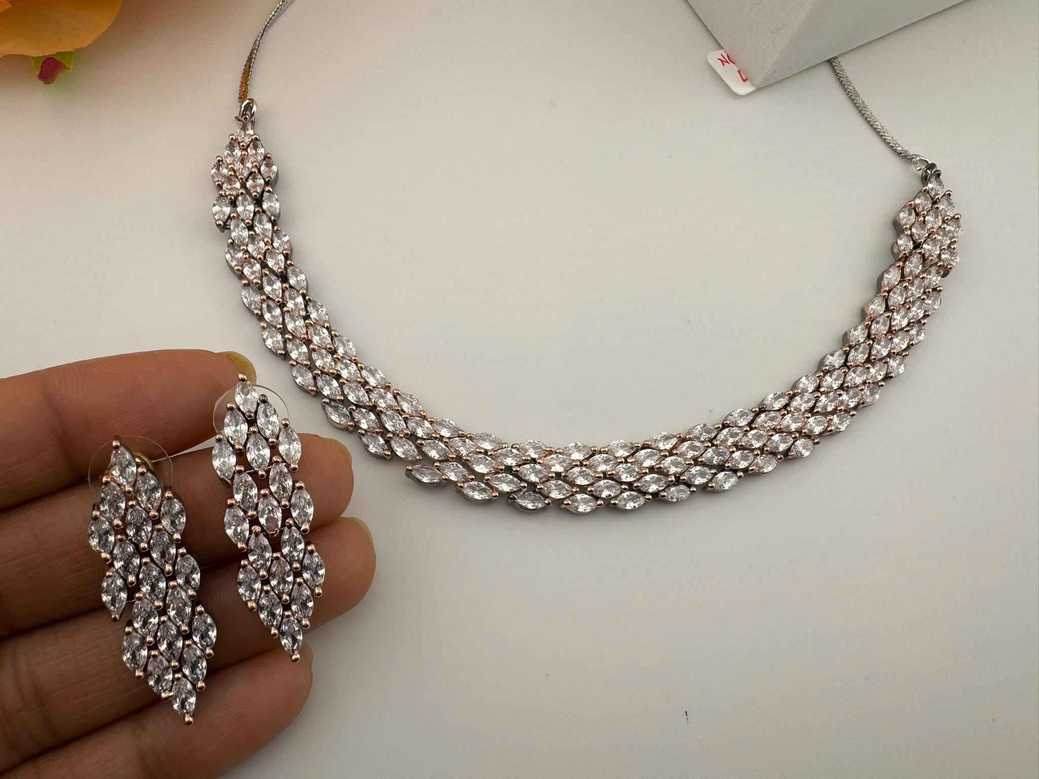 Premium American Diamond, Cubic Zirconia Unique Necklace set with light earring