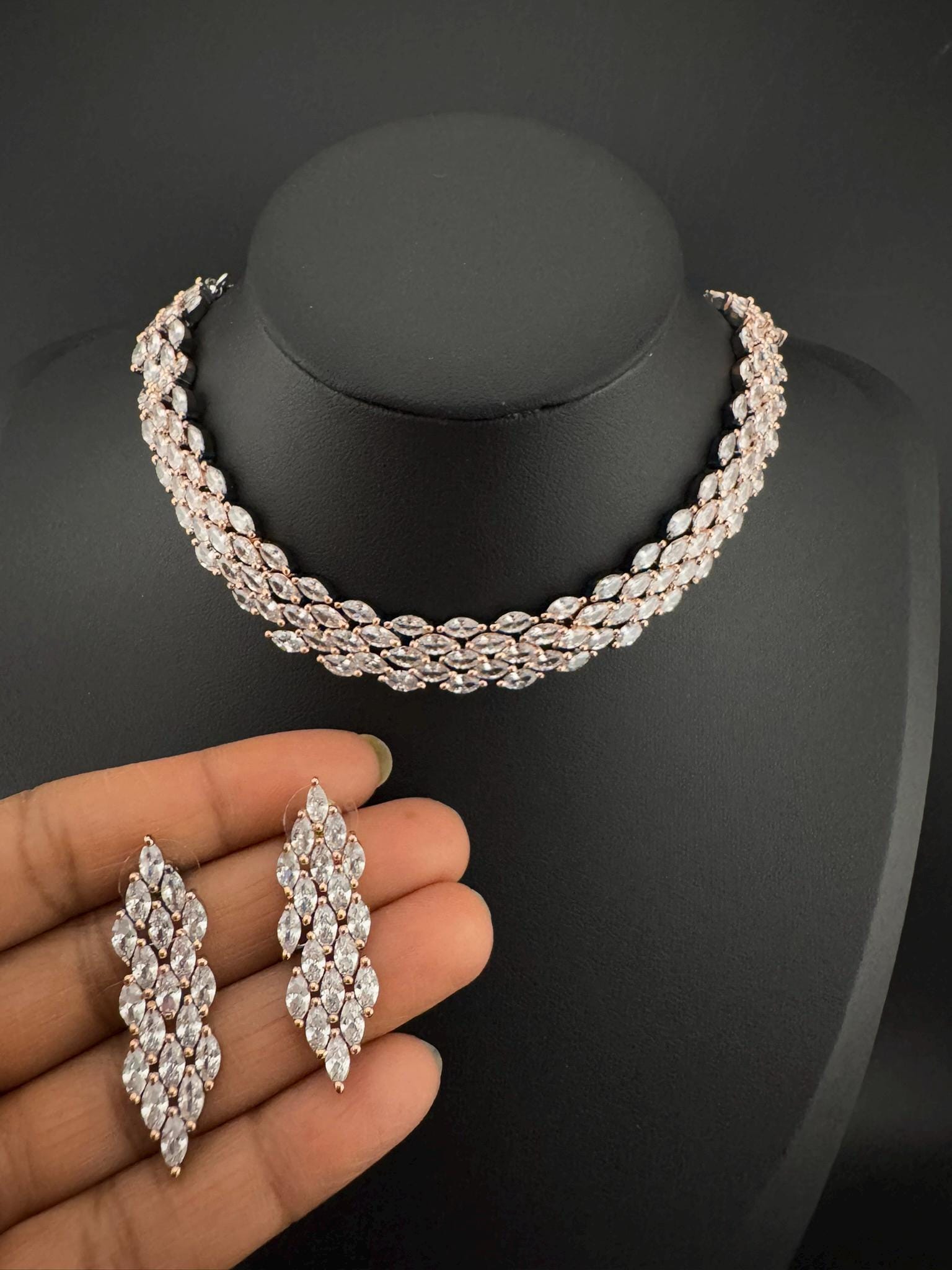 Premium American Diamond, Cubic Zirconia Unique Necklace set with light earring