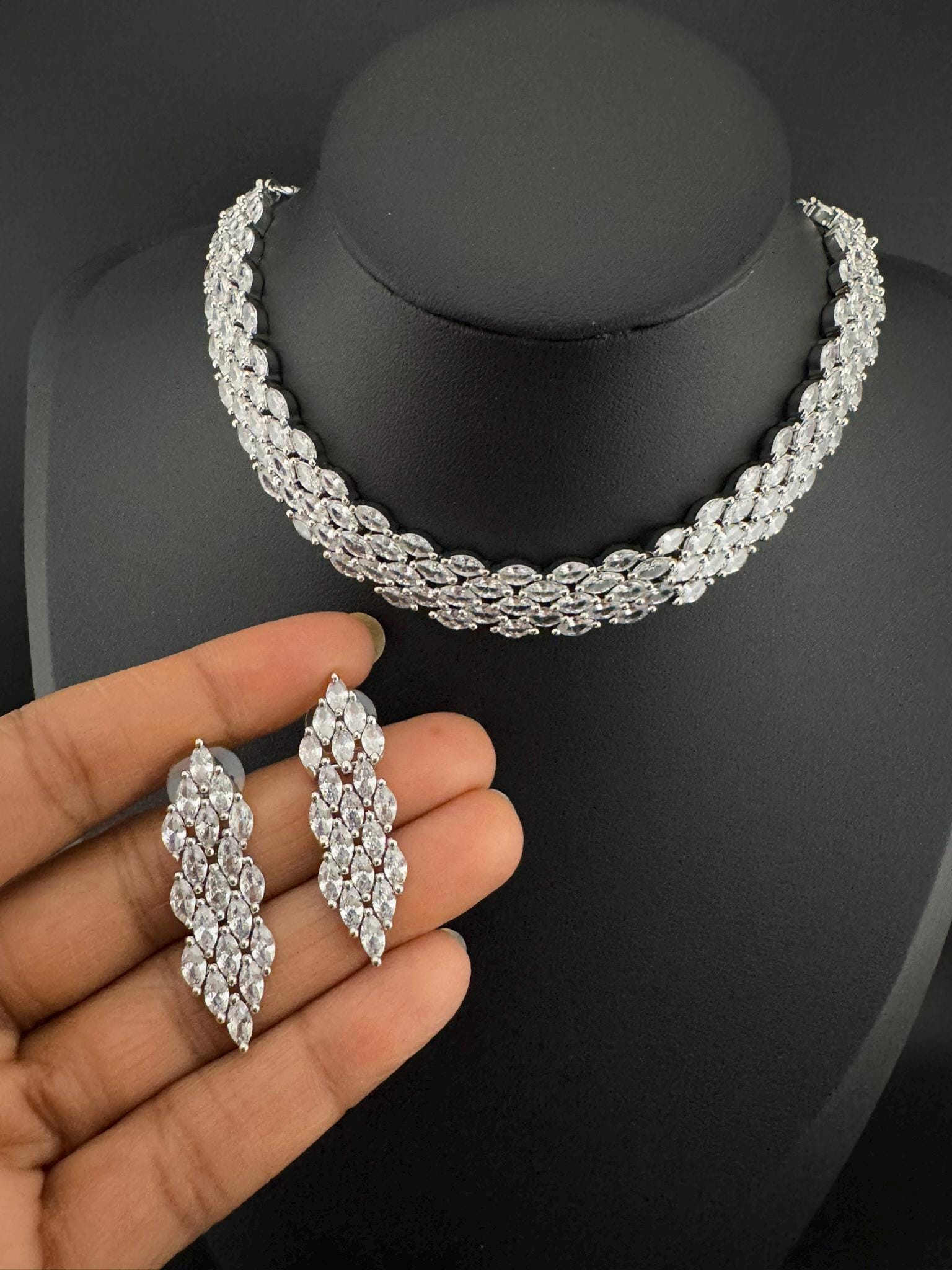 Premium American Diamond, Cubic Zirconia Unique Necklace set with light earring