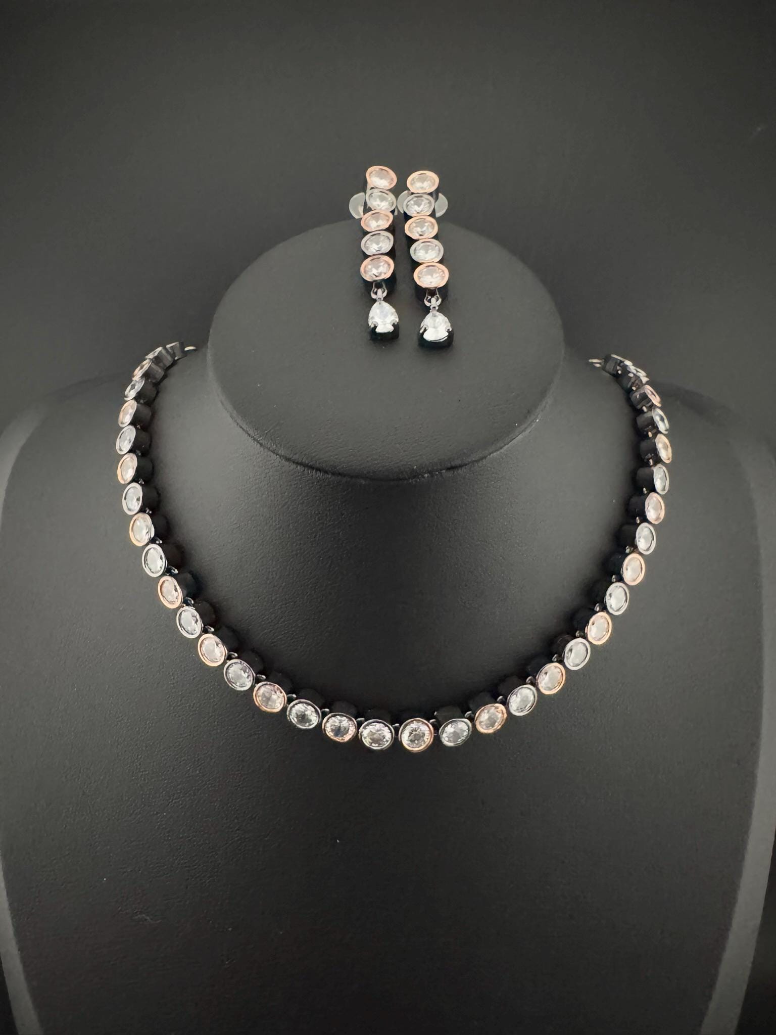 Premium American Diamond, Cubic Zirconia High Shine Sleek Necklace set with long earrings