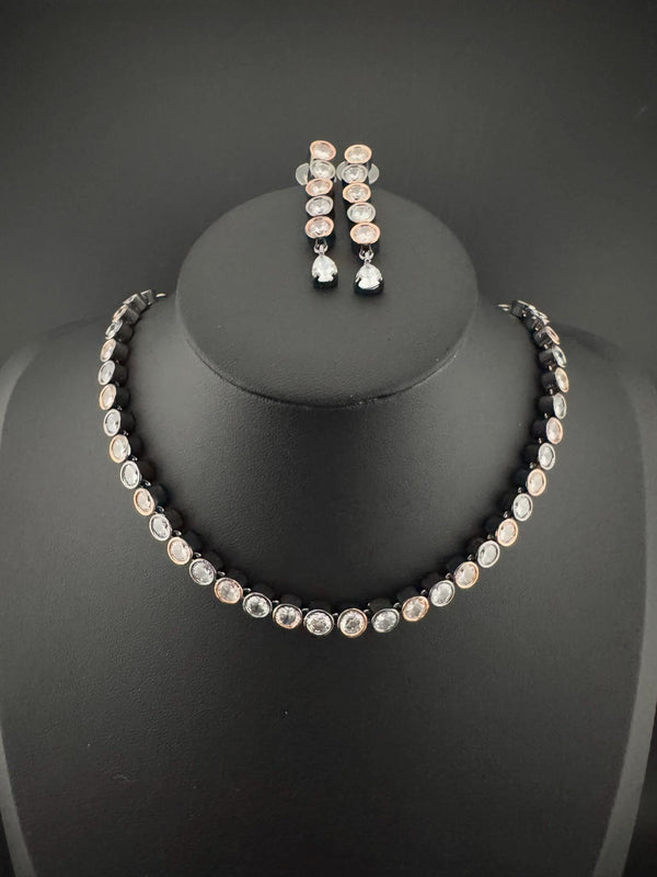 Premium American Diamond, Cubic Zirconia High Shine Sleek Necklace set with long earrings