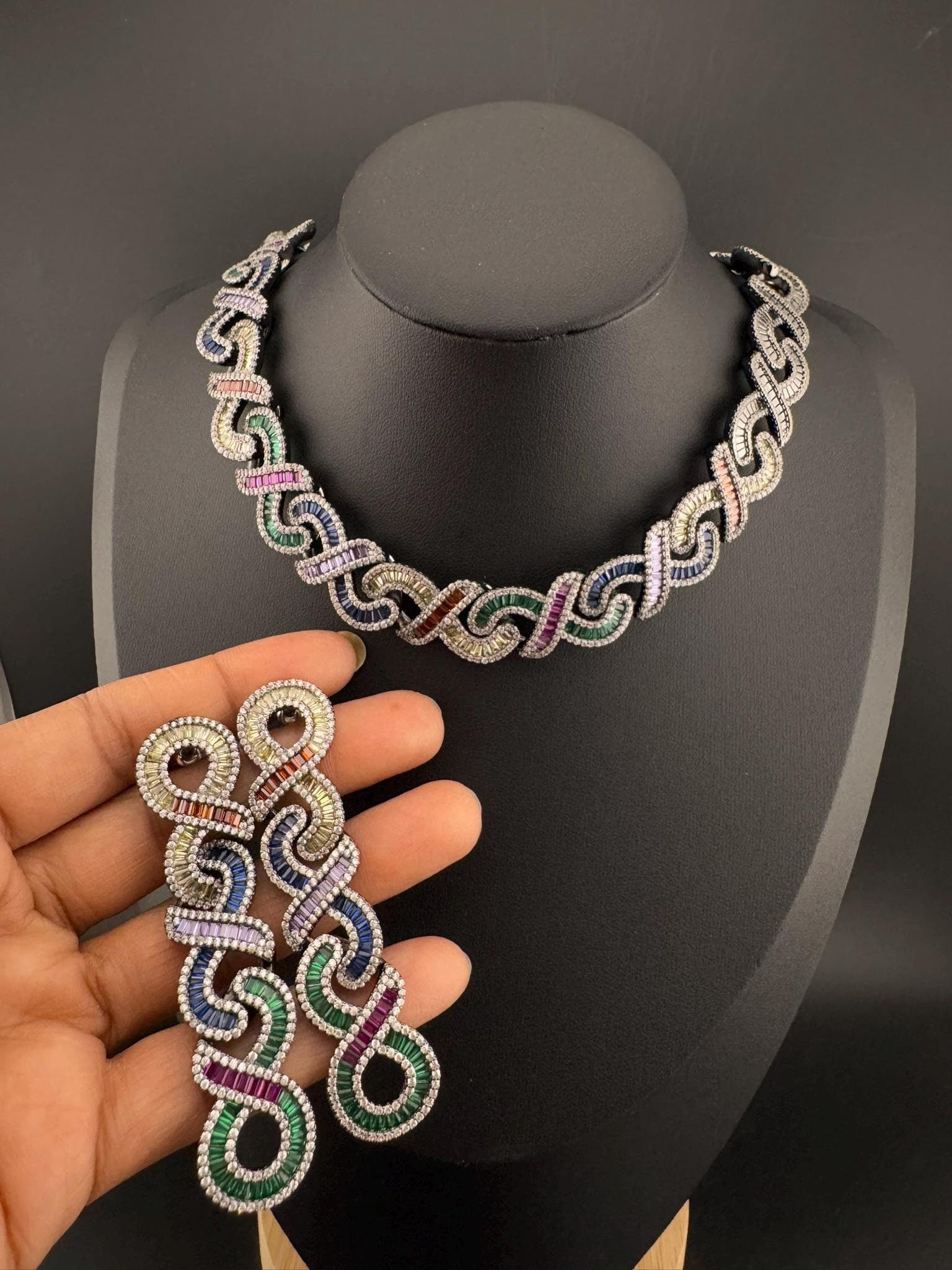 Premium Quality Unique Nano setting Cubic Zirconia multicolor Necklace with long earring