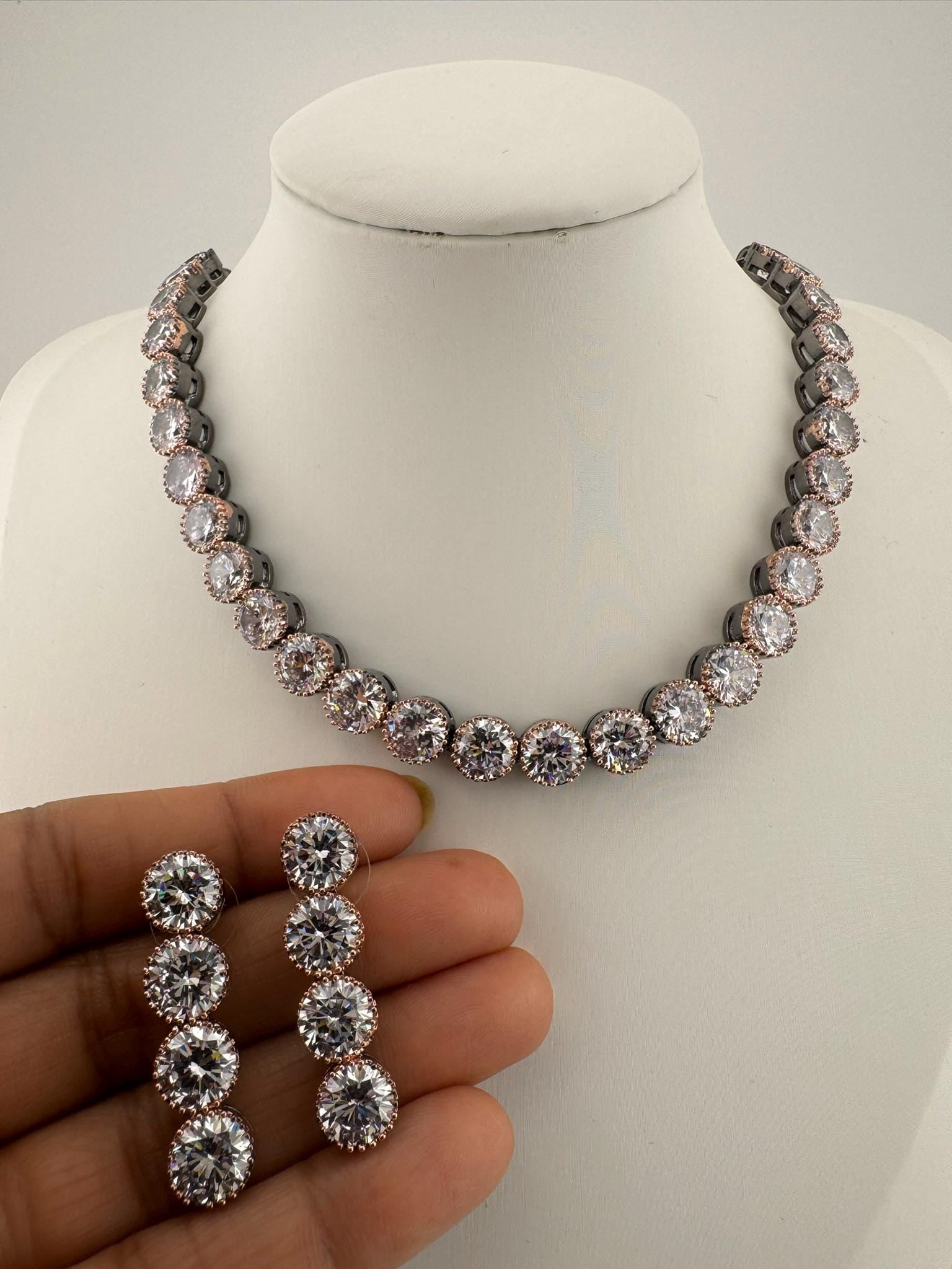 Premium Victorian American Diamond, Cubic Zirconia, Rose Gold, High Shine Sleek Necklace set with long earrings