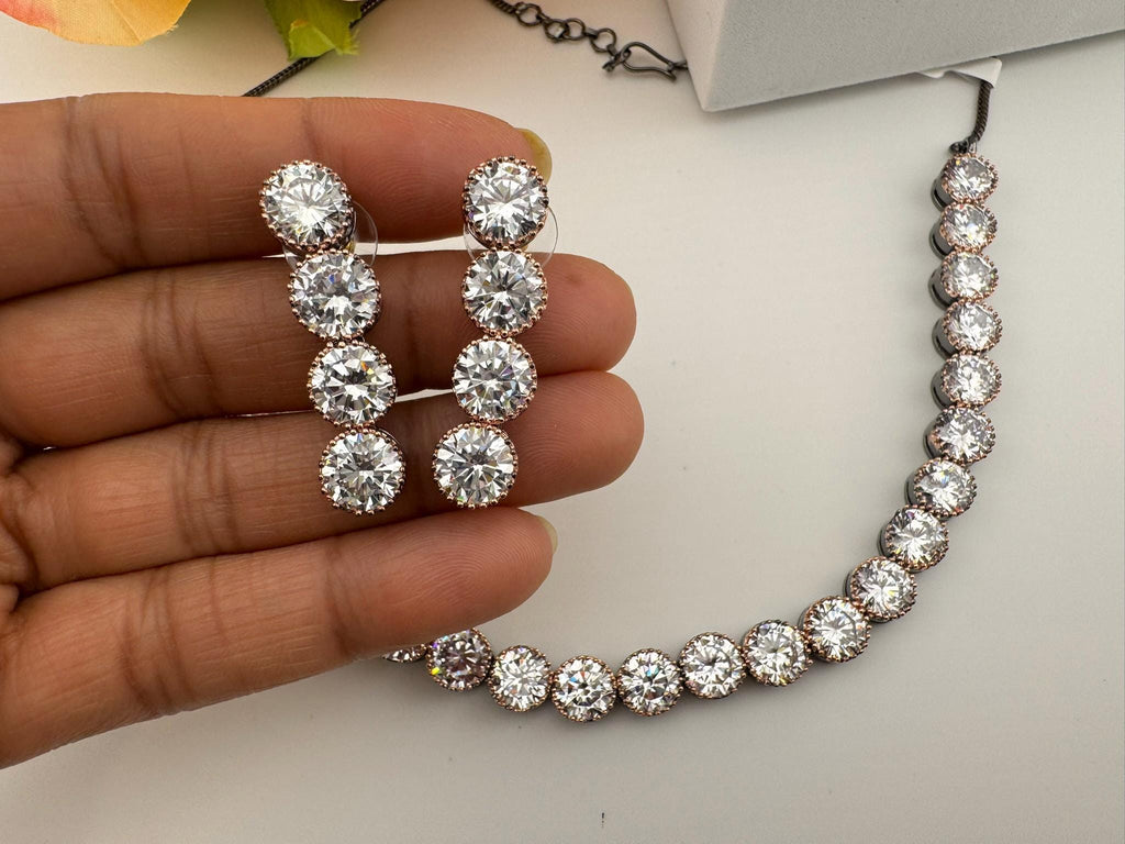 Premium Victorian American Diamond, Cubic Zirconia, Rose Gold, High Shine Sleek Necklace set with long earrings