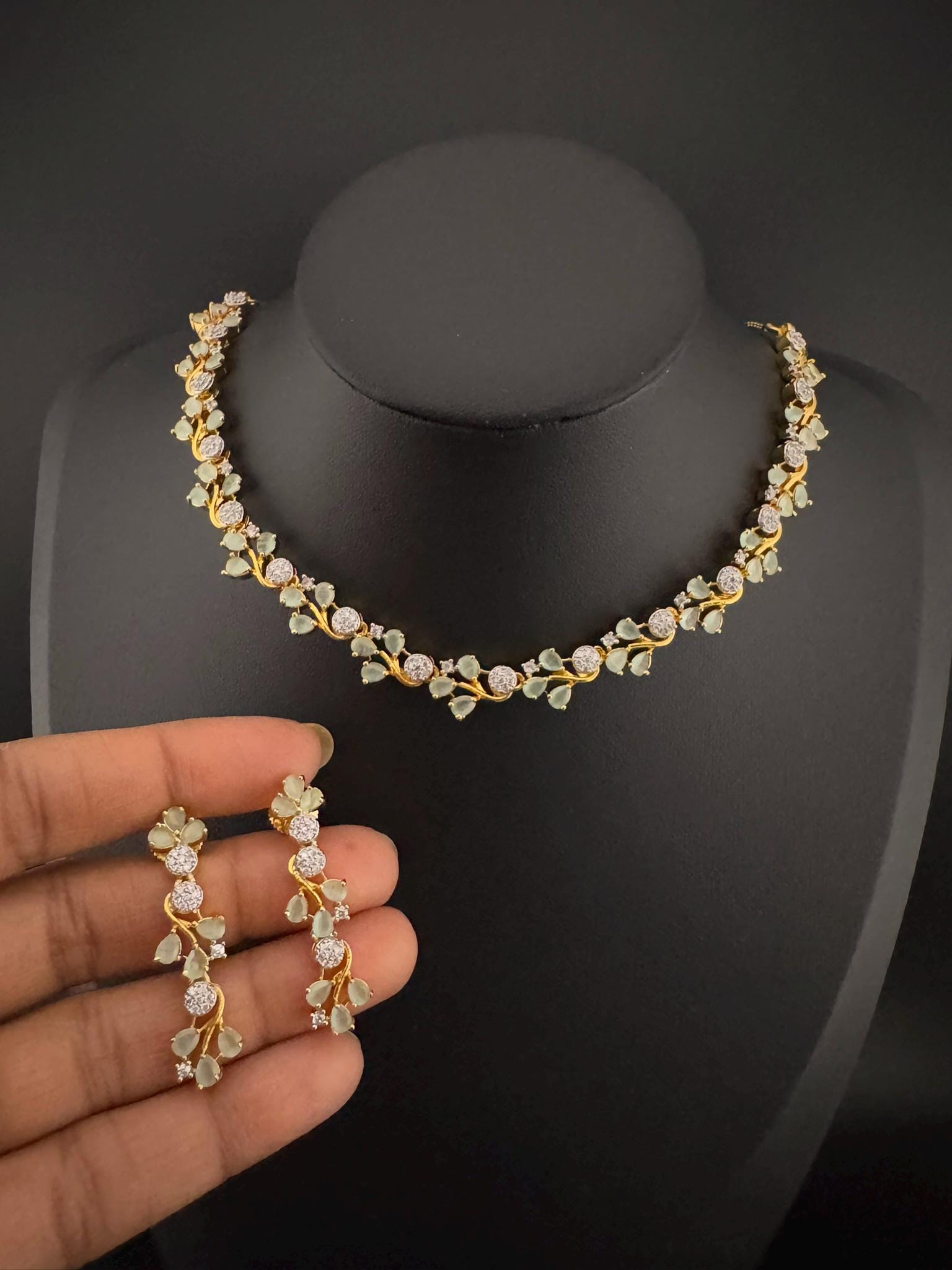 Premium American Diamond, Cubic Zirconia, Stones, Gold Polish, Flower Necklace set with earrings