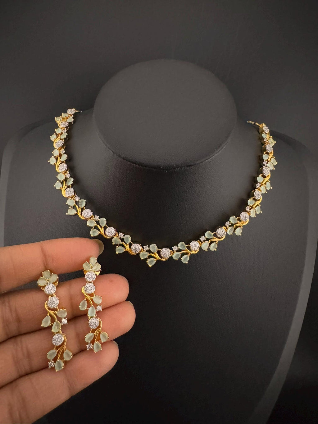 Premium American Diamond, Cubic Zirconia, Stones, Gold Polish, Flower Necklace set with earrings