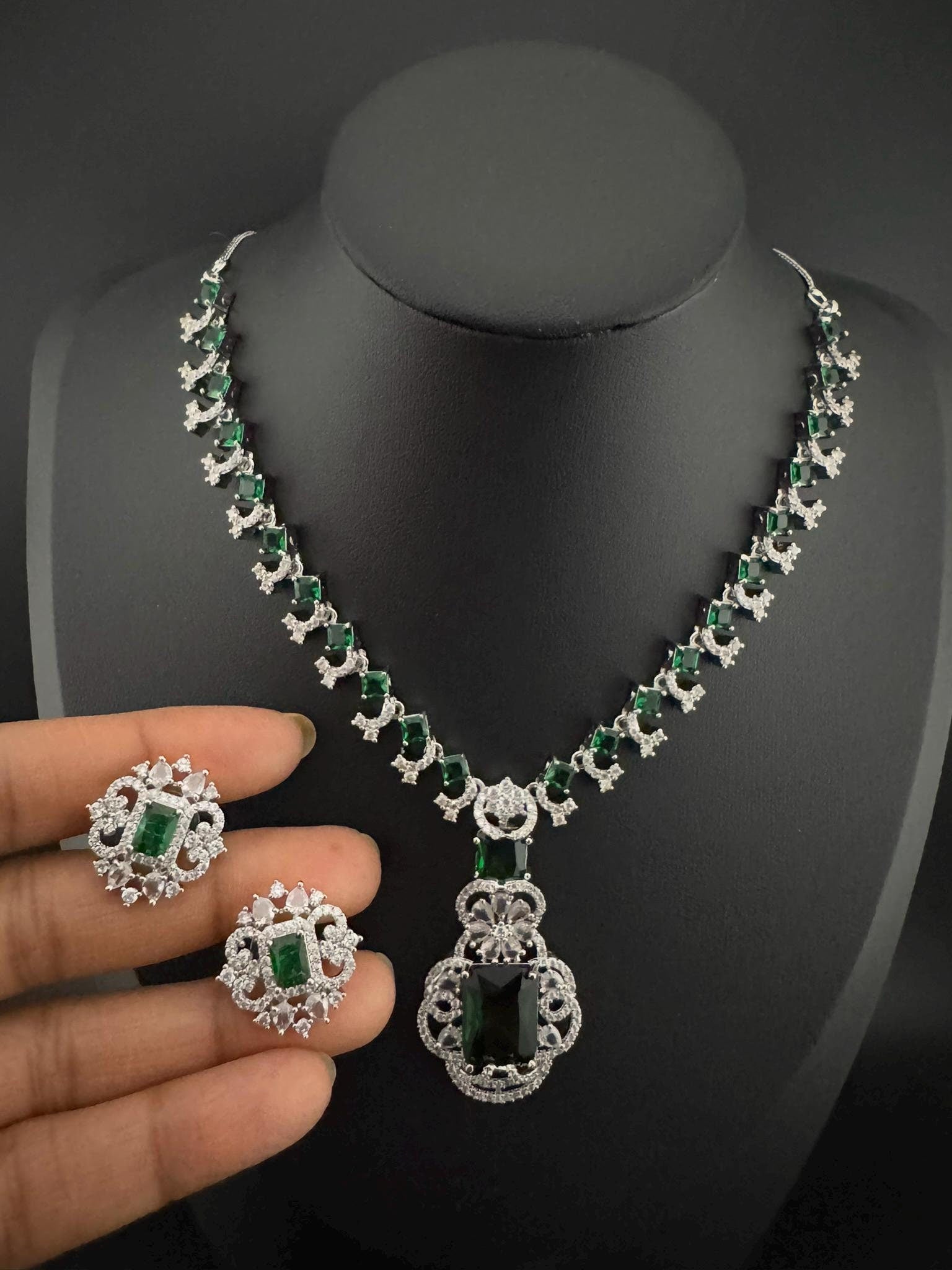 Premium American Diamond, Cubic Zirconia, Silver Polish Green Neeta Ambani Necklace set with studs earring