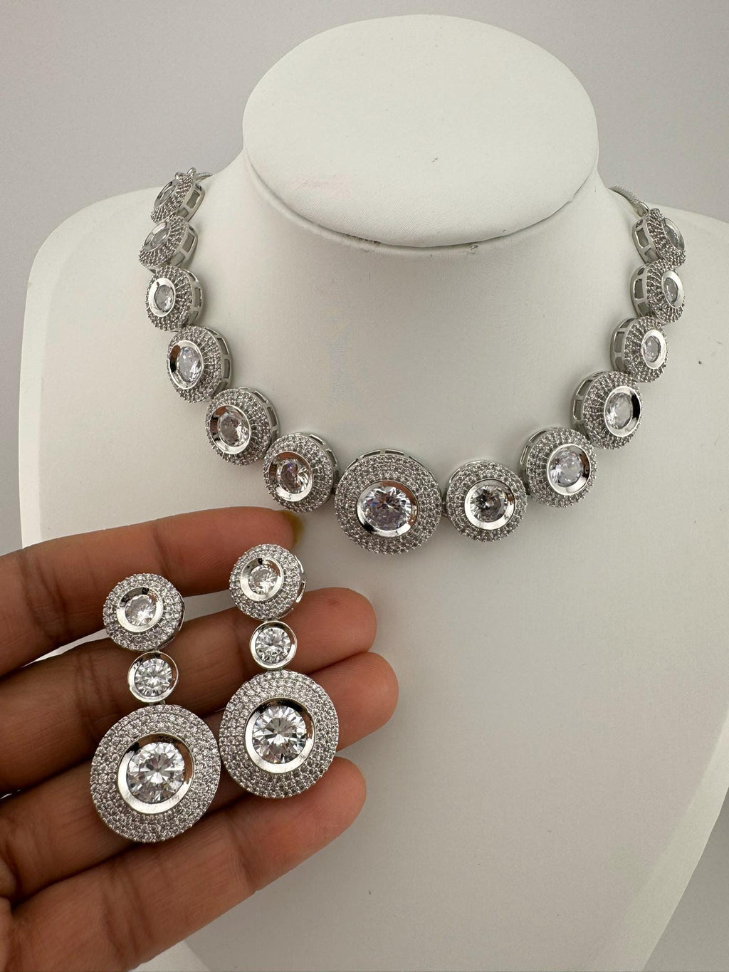 Premium American Diamond, Cubic Zirconia, Silver Polish, High Shine Sleek Necklace set with long earrings