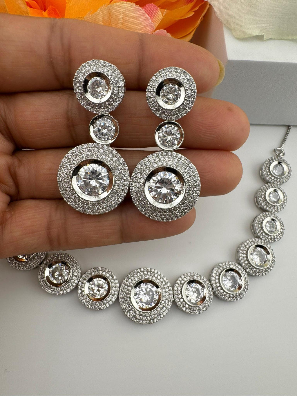 Premium American Diamond, Cubic Zirconia, Silver Polish, High Shine Sleek Necklace set with long earrings