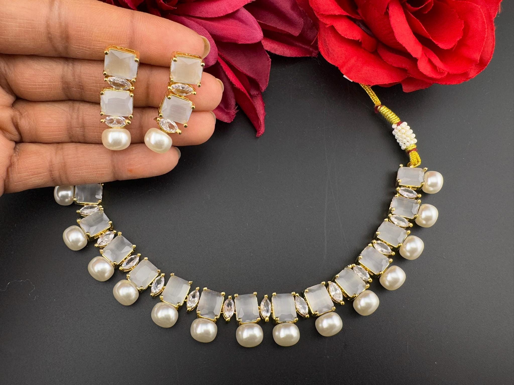 Premium American Diamond, Cubic Zirconia, Stones, Gold Plated, Pearls Necklace set with earrings