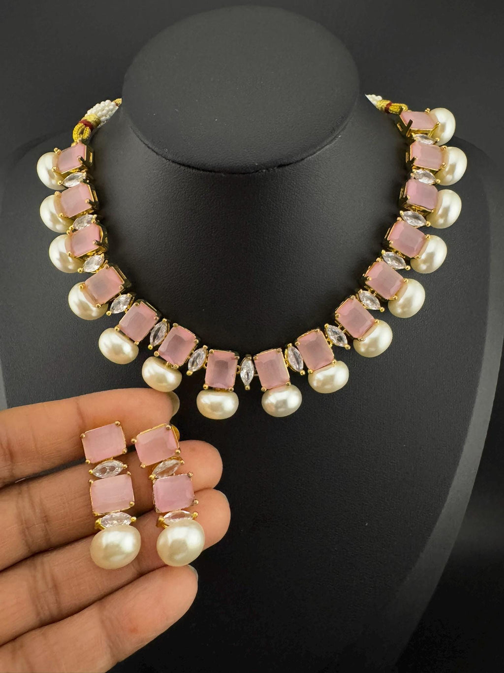 Premium American Diamond, Cubic Zirconia, Stones, Gold Plated, Pearls Necklace set with earrings