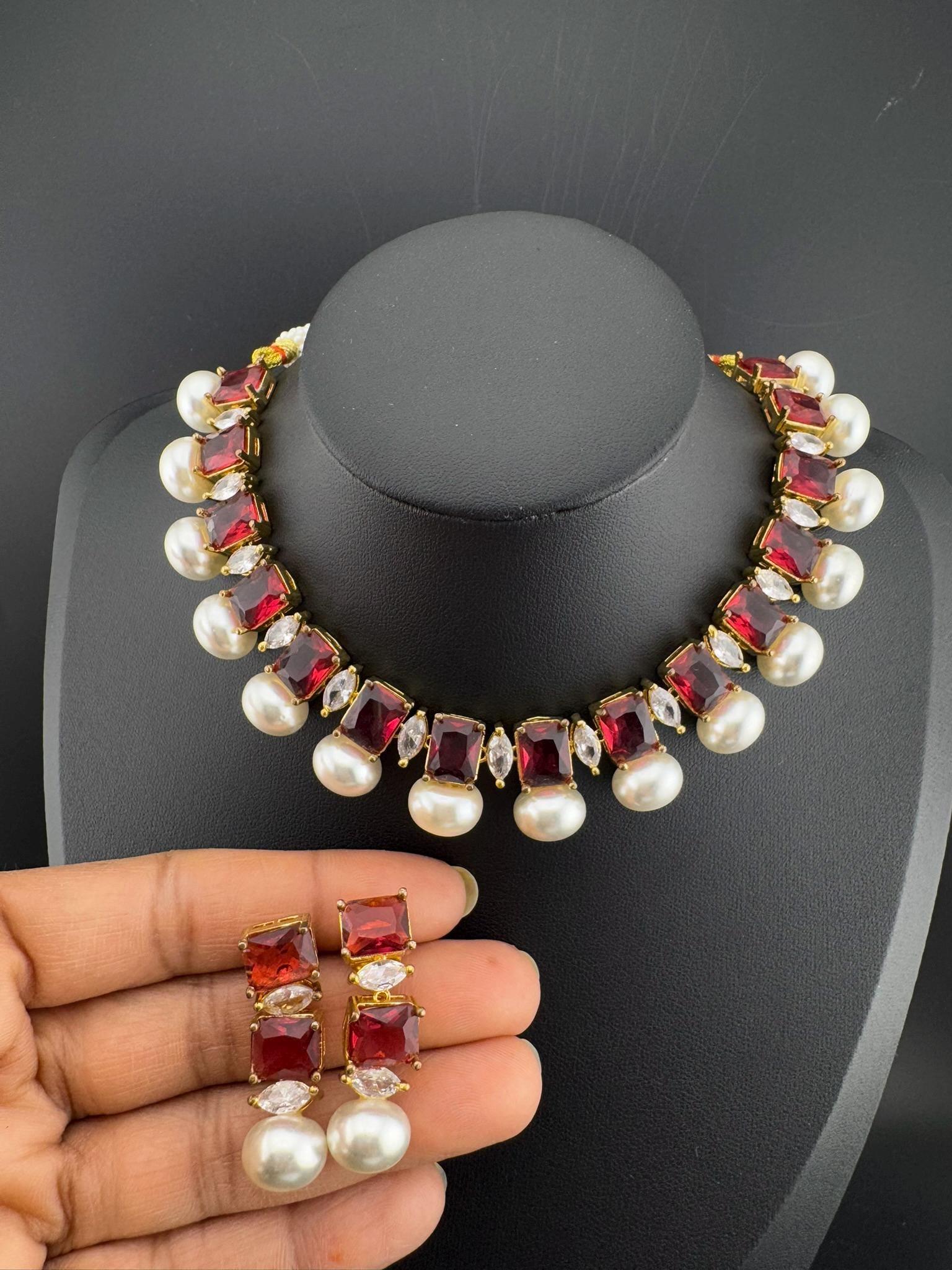 Premium American Diamond, Cubic Zirconia, Stones, Gold Plated, Pearls Necklace set with earrings