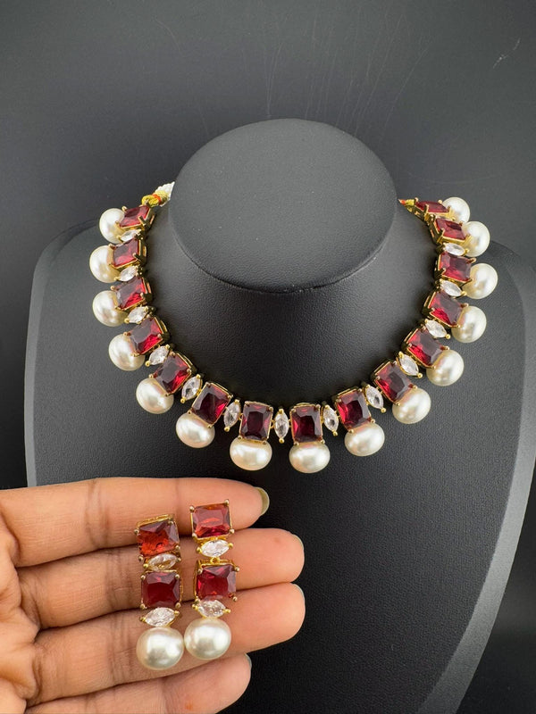 Premium American Diamond, Cubic Zirconia, Stones, Gold Plated, Pearls Necklace set with earrings