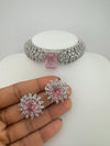 Premium American Diamond Cubic Zirconia, Crystal Stones Choker Necklace set with Studs earrings