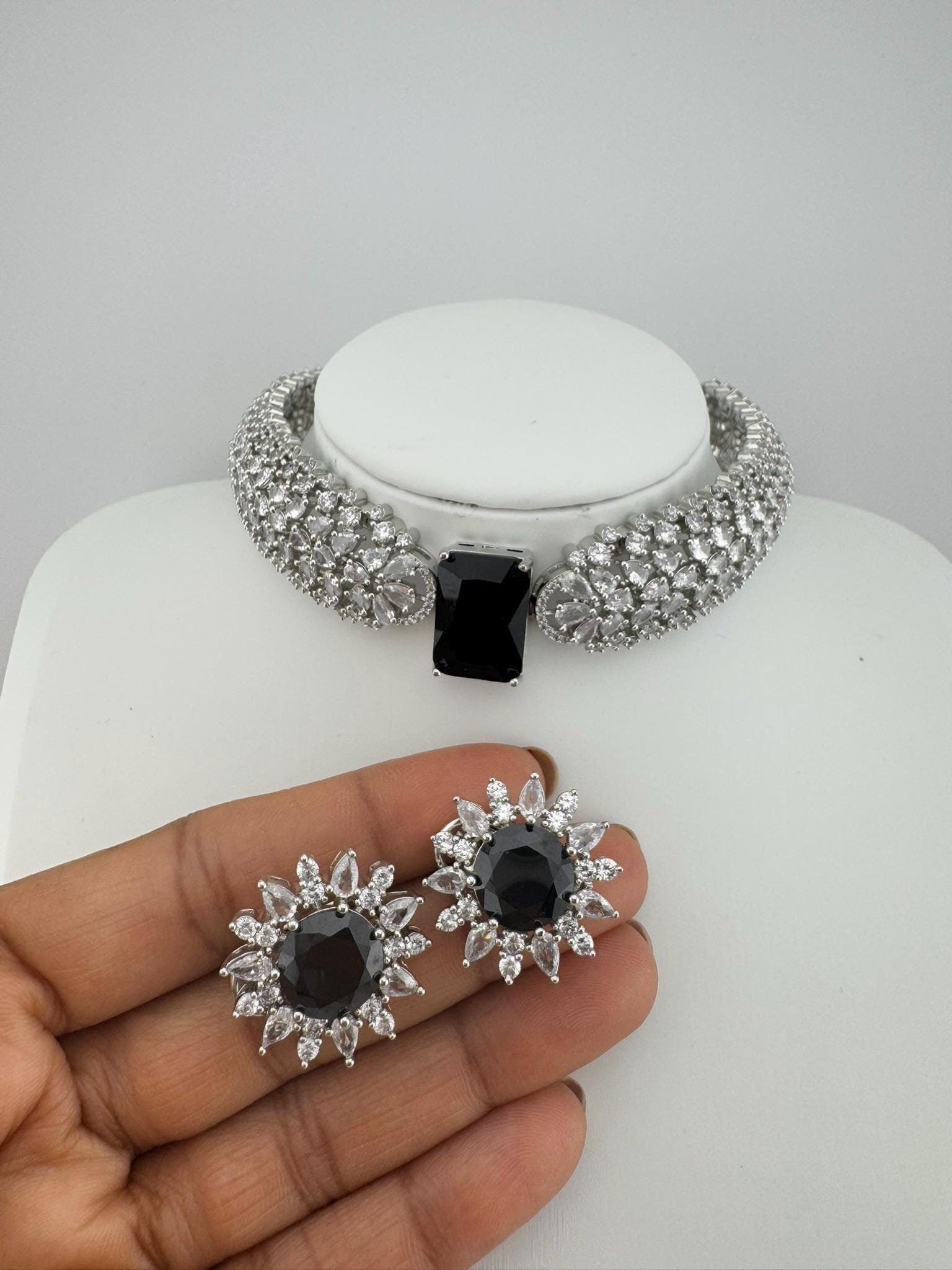 Premium American Diamond Cubic Zirconia, Crystal Stones Choker Necklace set with Studs earrings