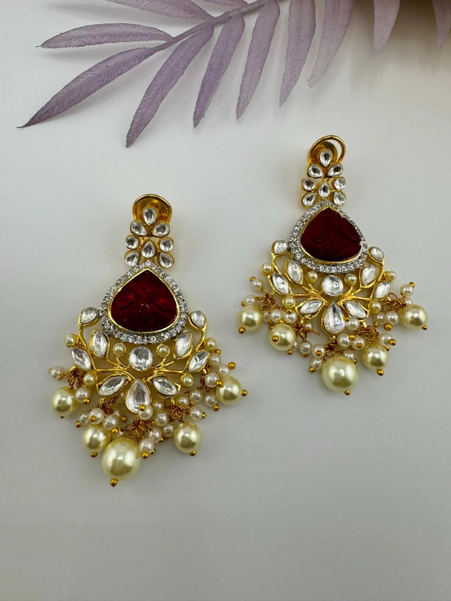 Premium Moissanite Kundan with Carved stones, CZ, Pearls designer Long Chandelier earrings