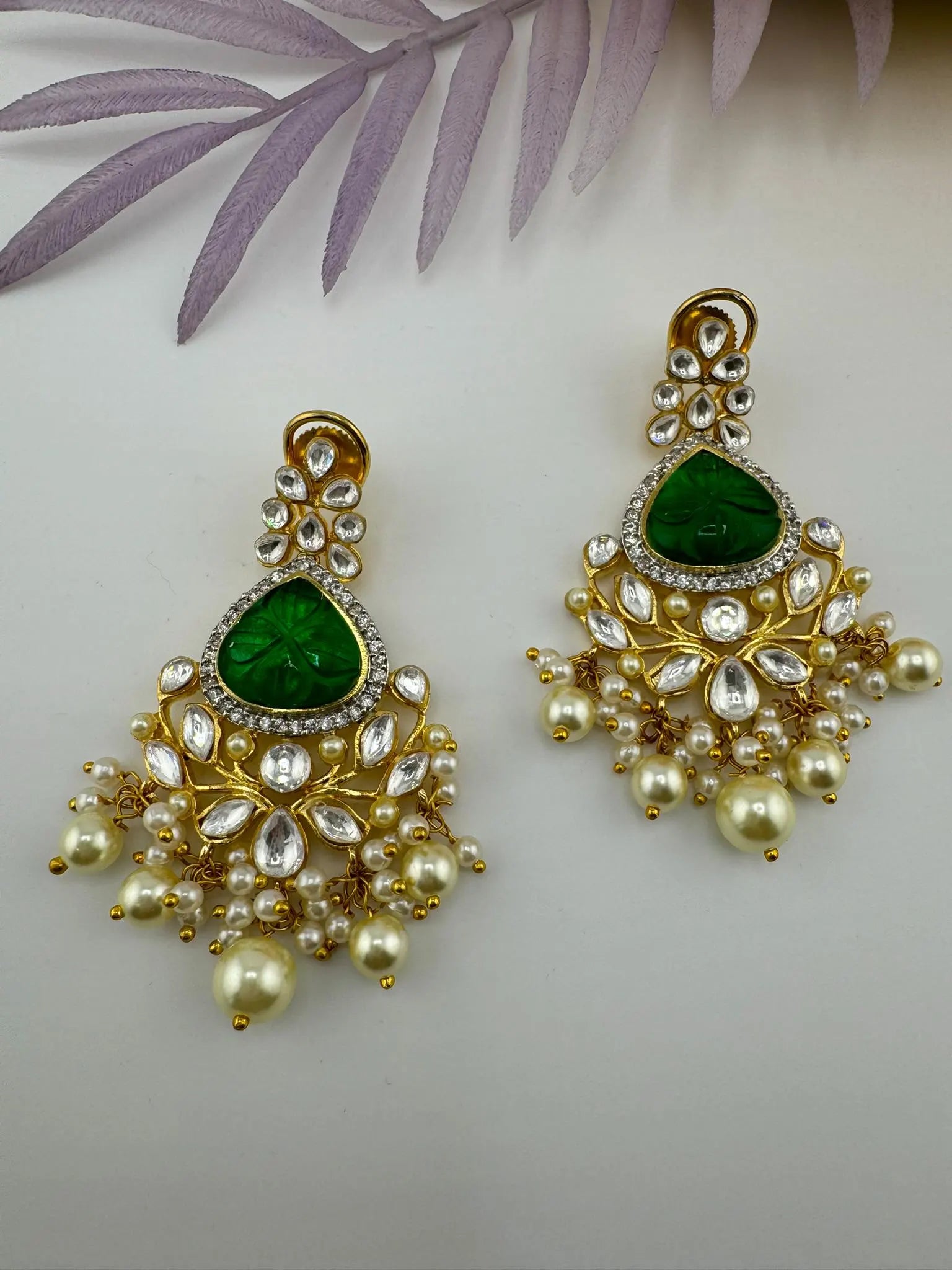 Premium Moissanite Kundan with Carved stones, CZ, Pearls designer Long Chandelier earrings