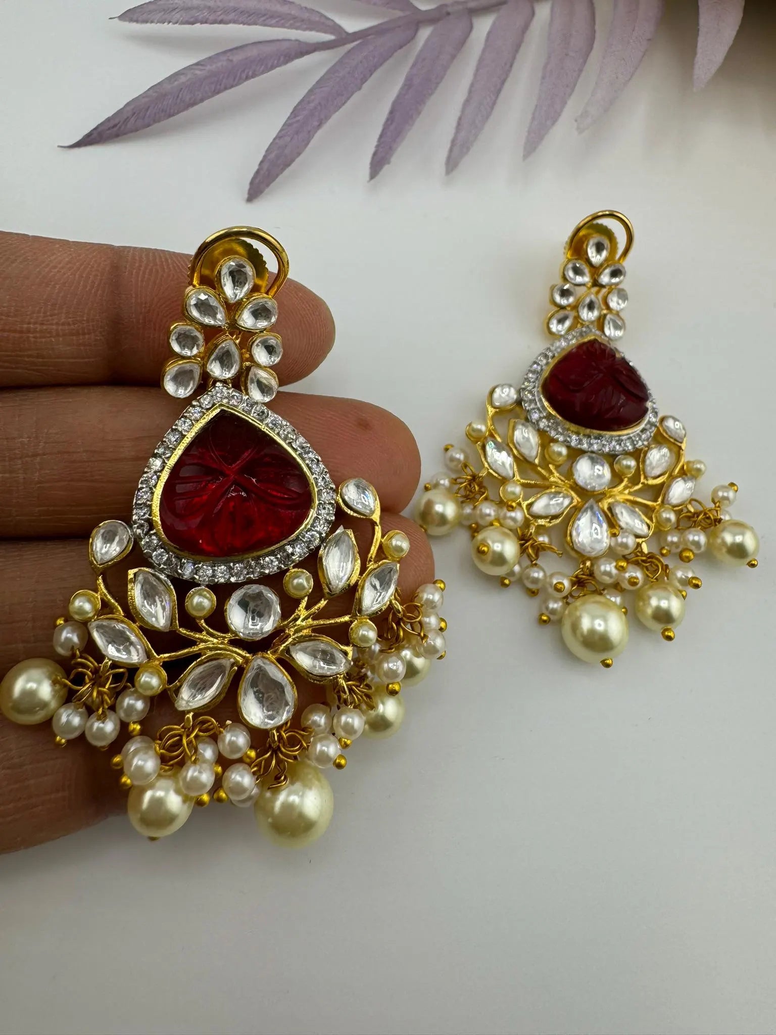 Premium Moissanite Kundan with Carved stones, CZ, Pearls designer Long Chandelier earrings