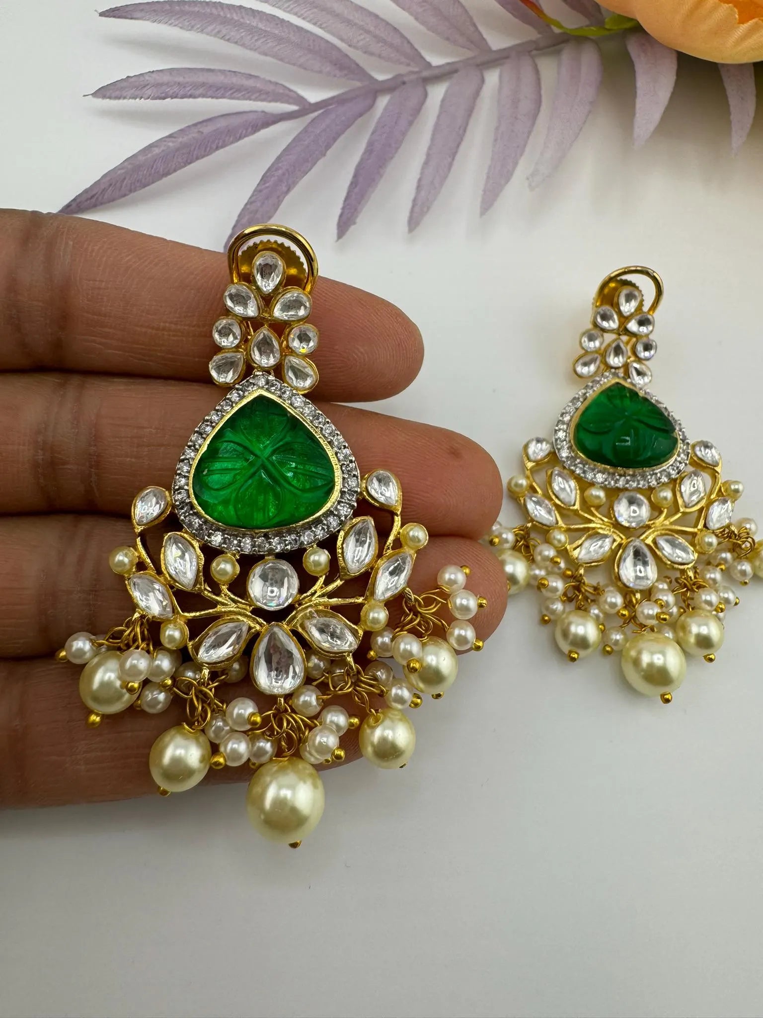 Premium Moissanite Kundan with Carved stones, CZ, Pearls designer Long Chandelier earrings