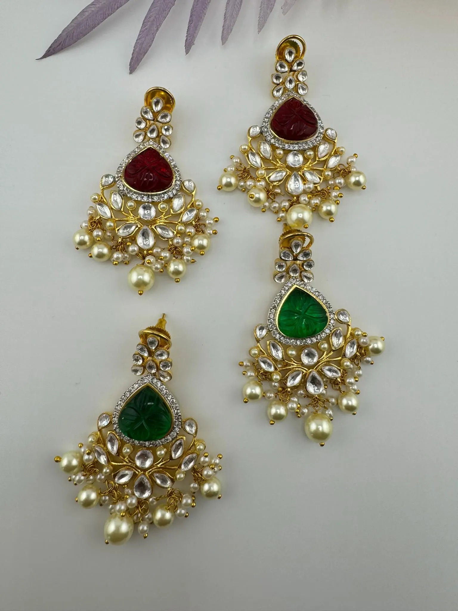 Premium Moissanite Kundan with Carved stones, CZ, Pearls designer Long Chandelier earrings