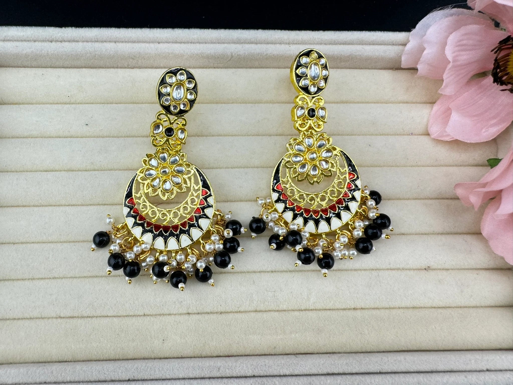 Minakari Black and Gold Chand Bali with Kundan and pearls earrings