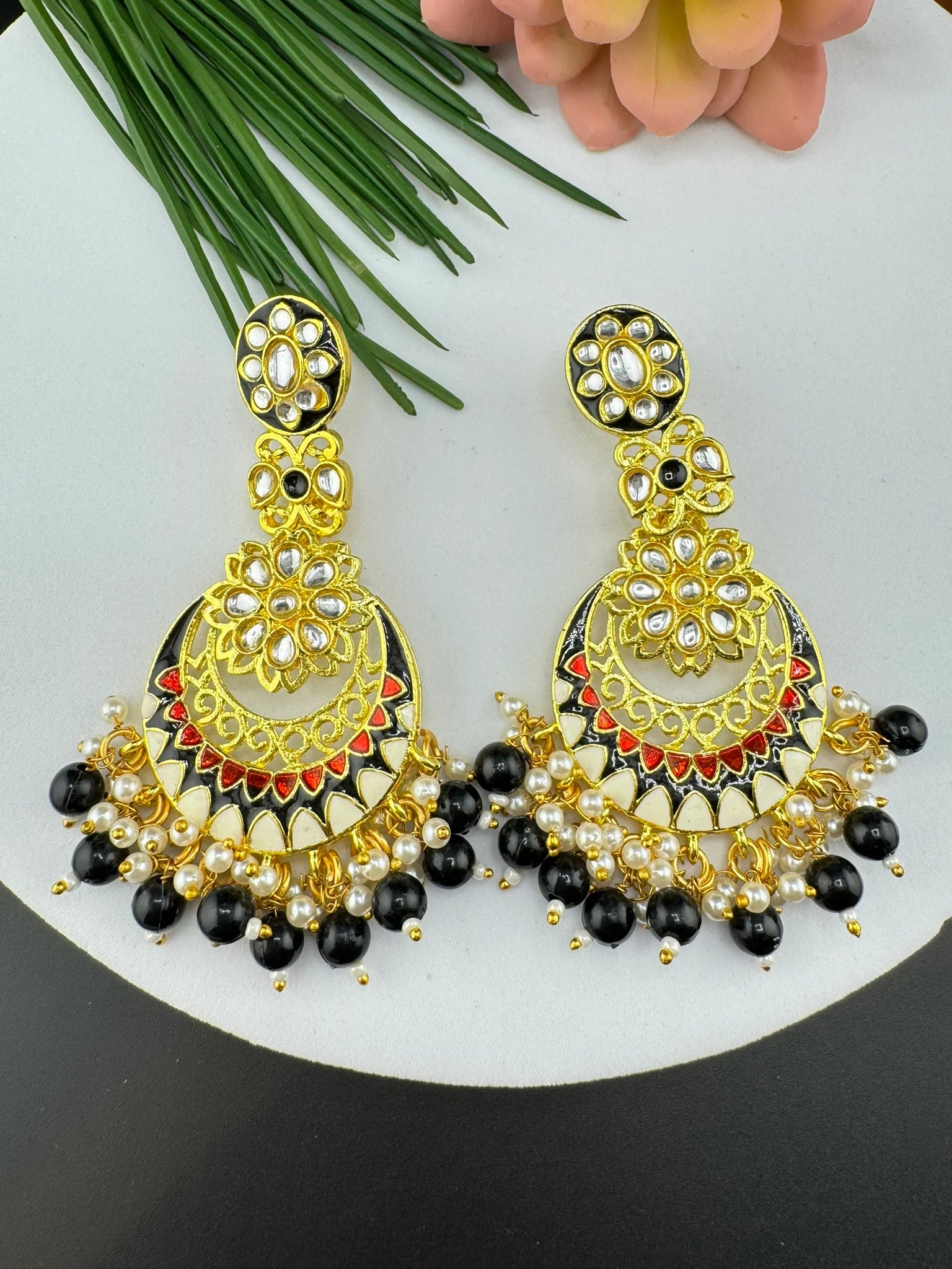 Minakari Black and Gold Chand Bali with Kundan and pearls earrings