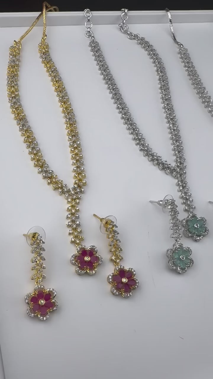 Premium Quality American Diamond/Cubic Zirconia, Crystals, Silver Polish Long Necklace set with Long earring/Indian jewelry/Bridal Necklace