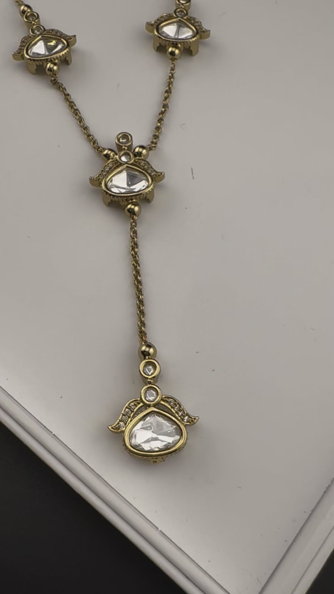 Premium quality Matt gold Uncut moissanite Kundan Sleek Long charms Necklace with studs earrings/Teens long sleek necklace/Bridesmaids gift