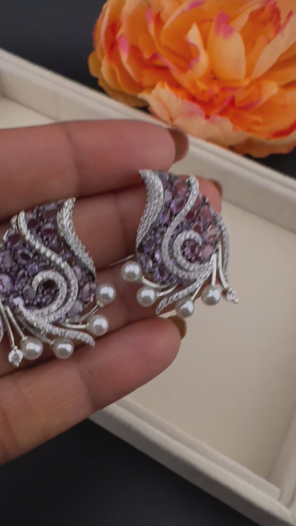 Premium Nano Setting Cubic Zirconia, Crystal stones in Unique setting is designer Inspired Statement Silver colored Stud earrings