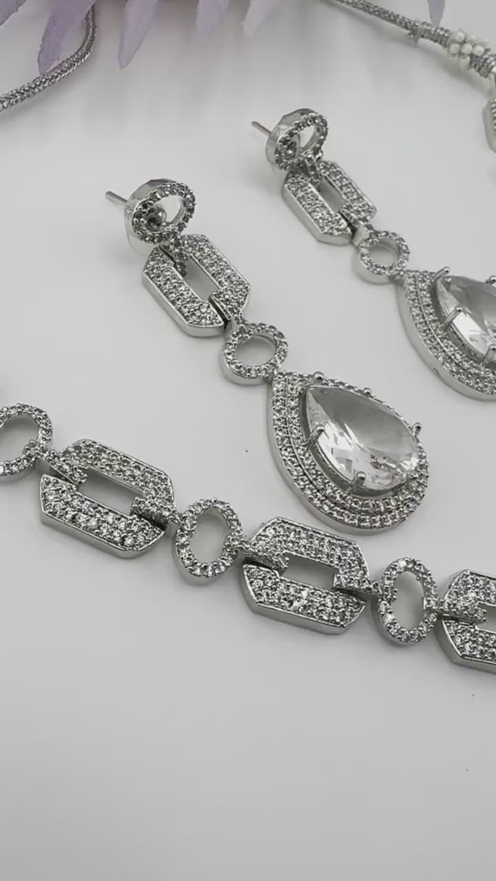 Silver polish American Diamond, Cubic Zirconia Chain style Clear Necklace set