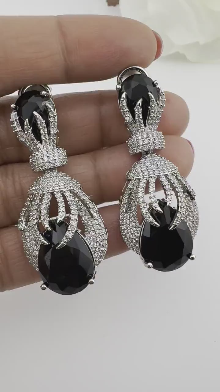 Premium Nano Setting Cubic Zirconia Chandelier earrings with Black Stone
