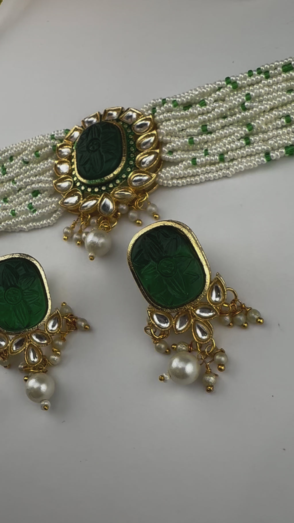 Carved stone and Kundan in small pearls mala Choker Necklace set with studs earrings