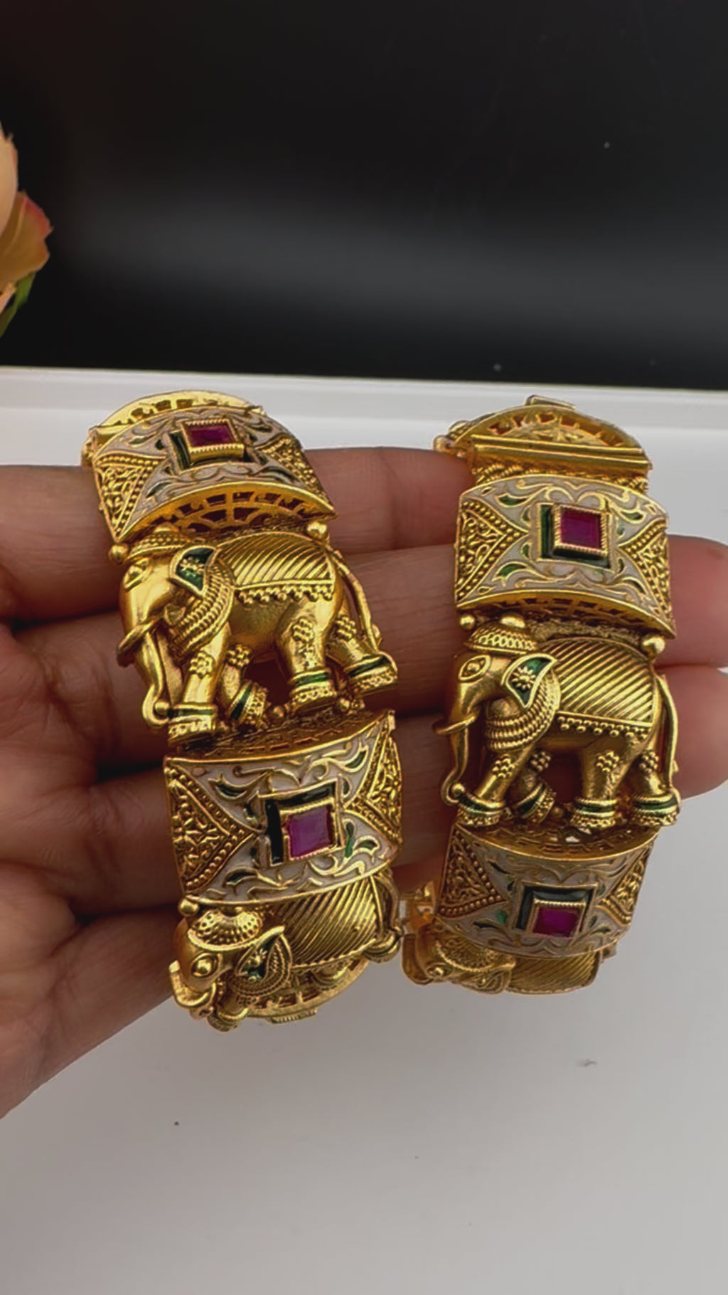 Openable Matt Gold, Enamel, Kundan kada is Amrapali inspired Designer bangles set/Indian Kada/Temple jewelry/Rajwadi Bangle/Size 2.4" & 2.6"