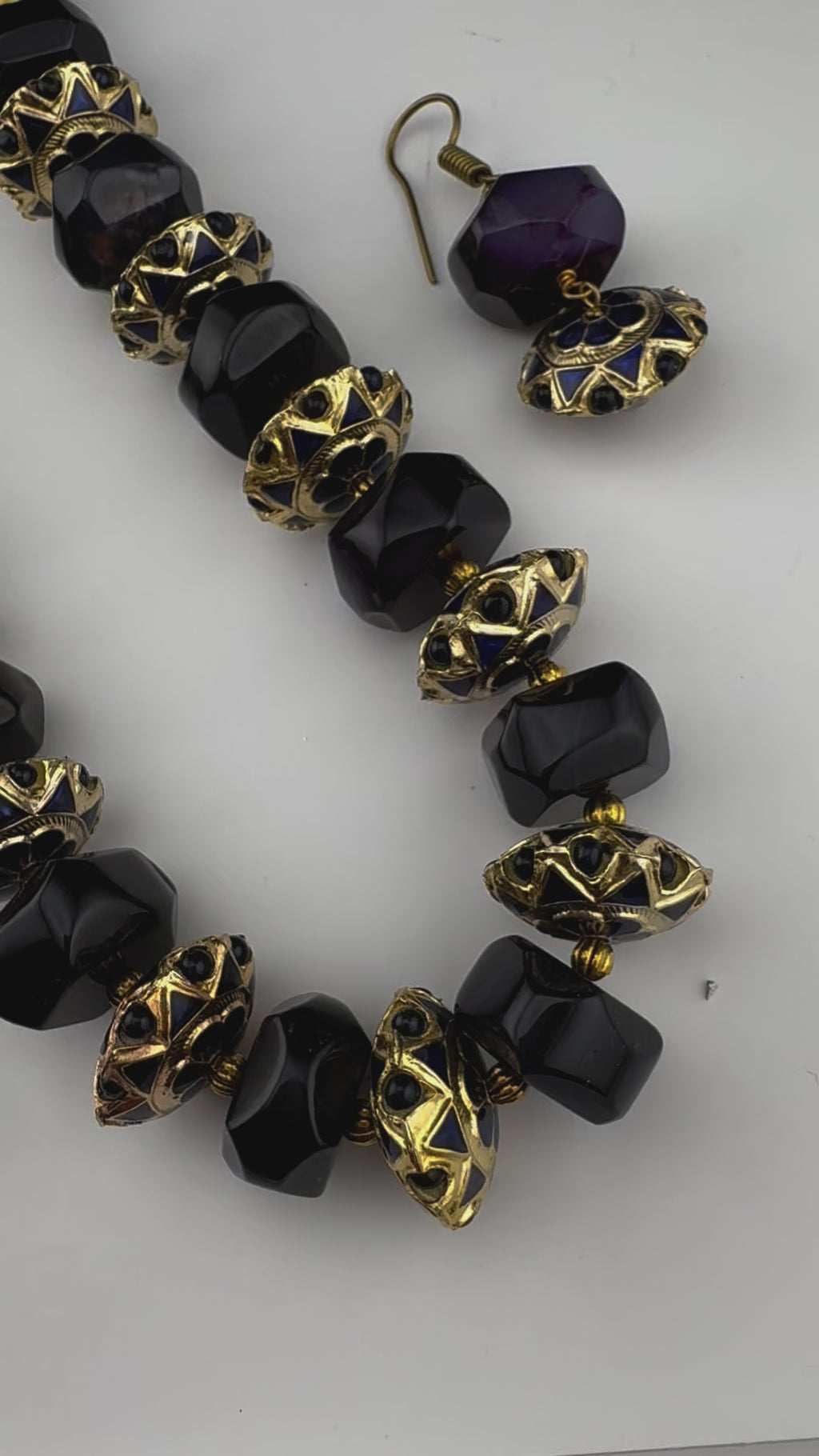 Premium Quality fusion Long Necklace with Enamel, natural and Onyx Beads with dangle earrings/Contemporary long Necklace set/Party/everyday