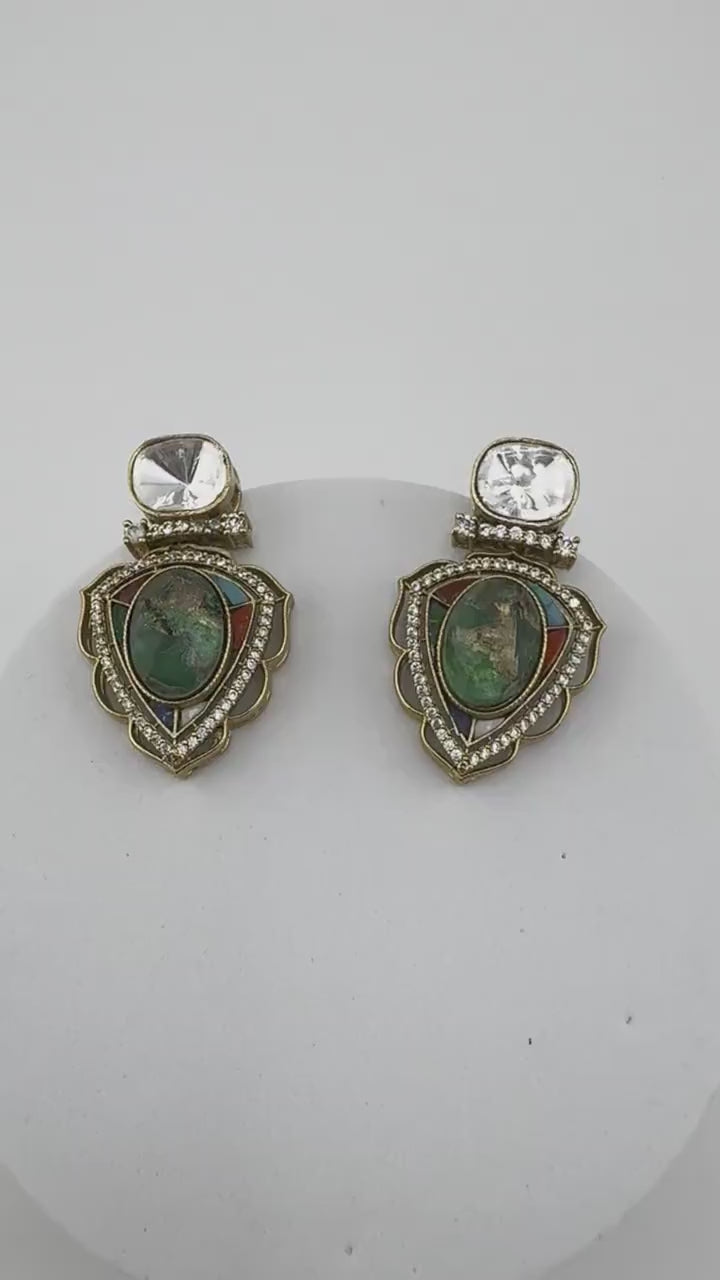 Premium designer stud earrings, with Uncut Kundan, CZ and Doublet Marble stone