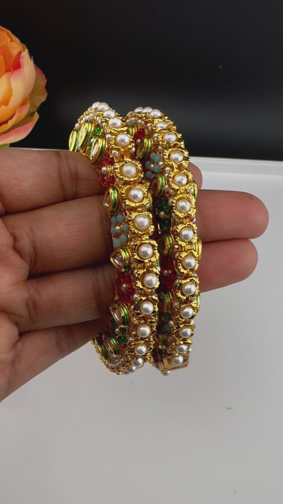 Openable Jadau Pacheli kada with pearls, kundan is Amrapali inspired Designer bangles set/Indian Kada/Temple jewelry/Rajwadi Bangle/Size 2.4" & 2.8"