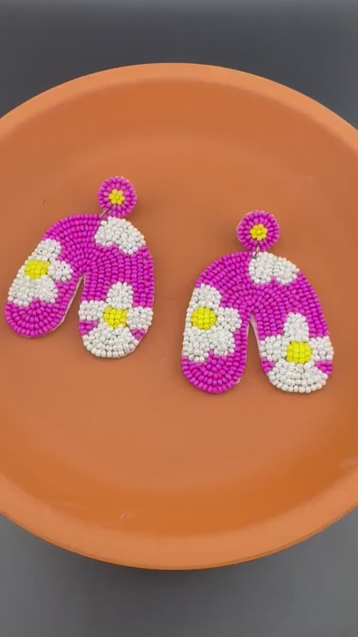 Beaded Hot Pink with flowers Quirky earring, Handmade earring