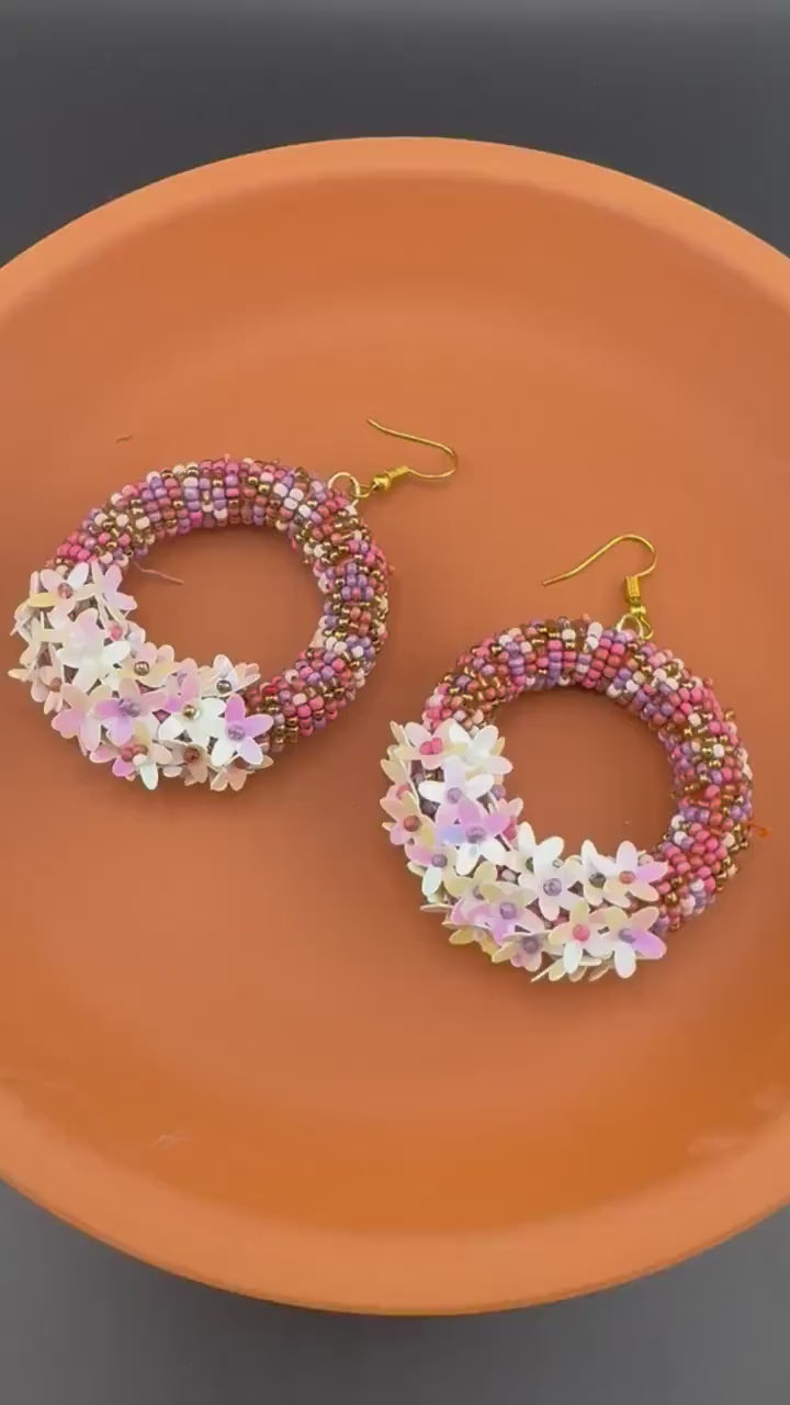 Beaded multicolor flower hoop Quirky earring, Handmade earring