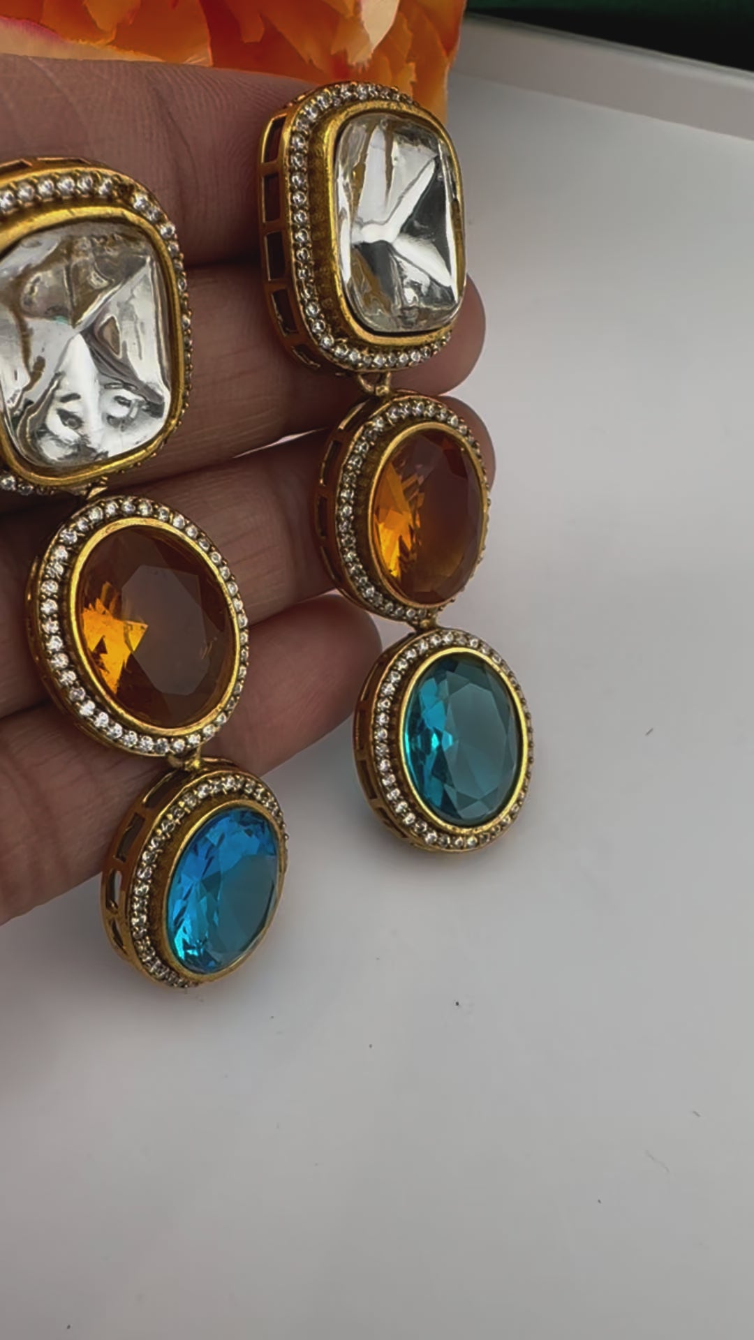 Premium High Quality Gold Polish Uncut Kundan, CZ details with crystal stone long earrings/Chandelier earrings/Drop Earrings/Indian jewelry