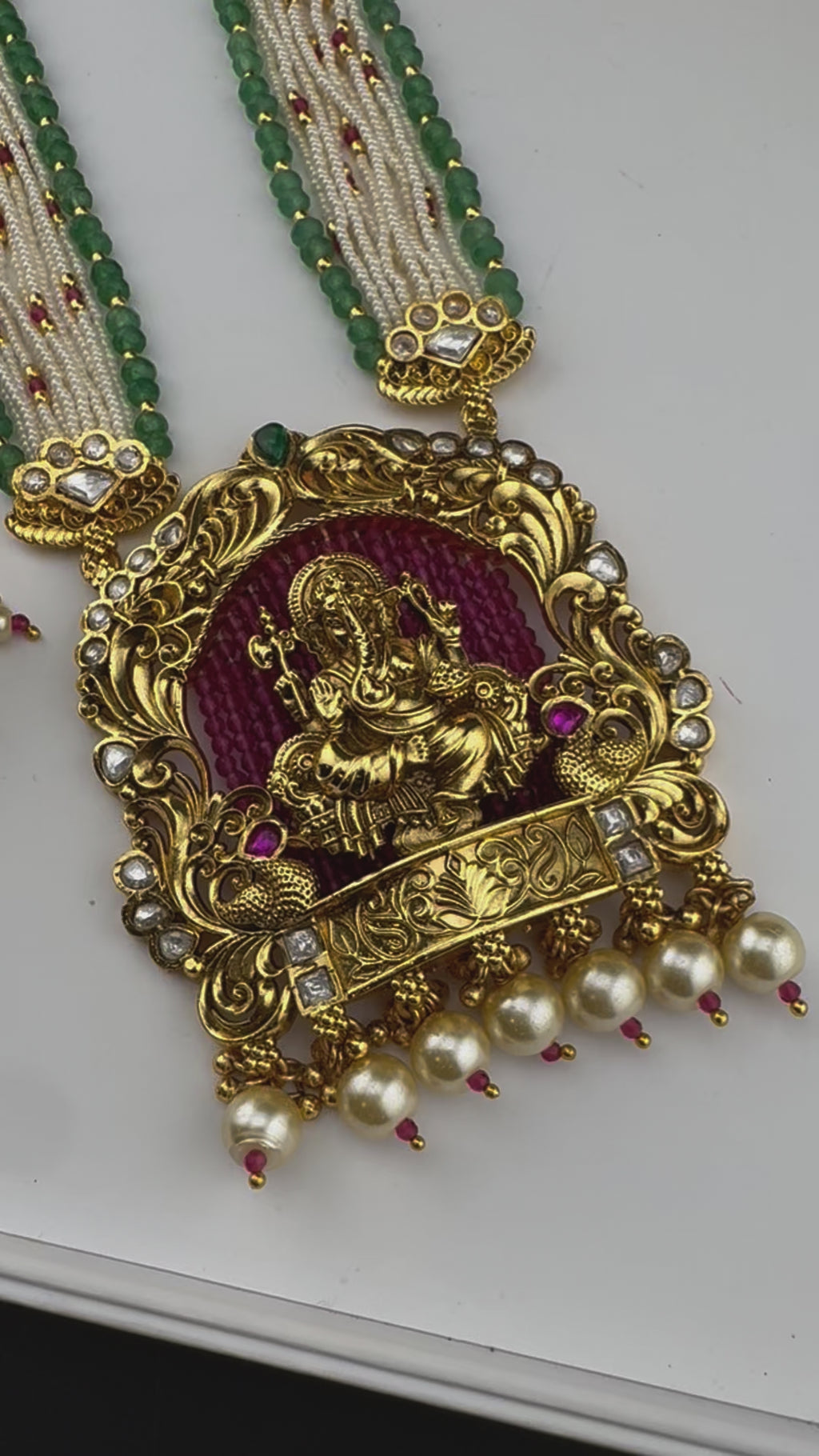 Premium Quality Ganesh Oversized Pendant in Matt gold, Moissanite Kundan, onyx beads, small pearls Long Rani Haar with Jhumka/Long Necklace