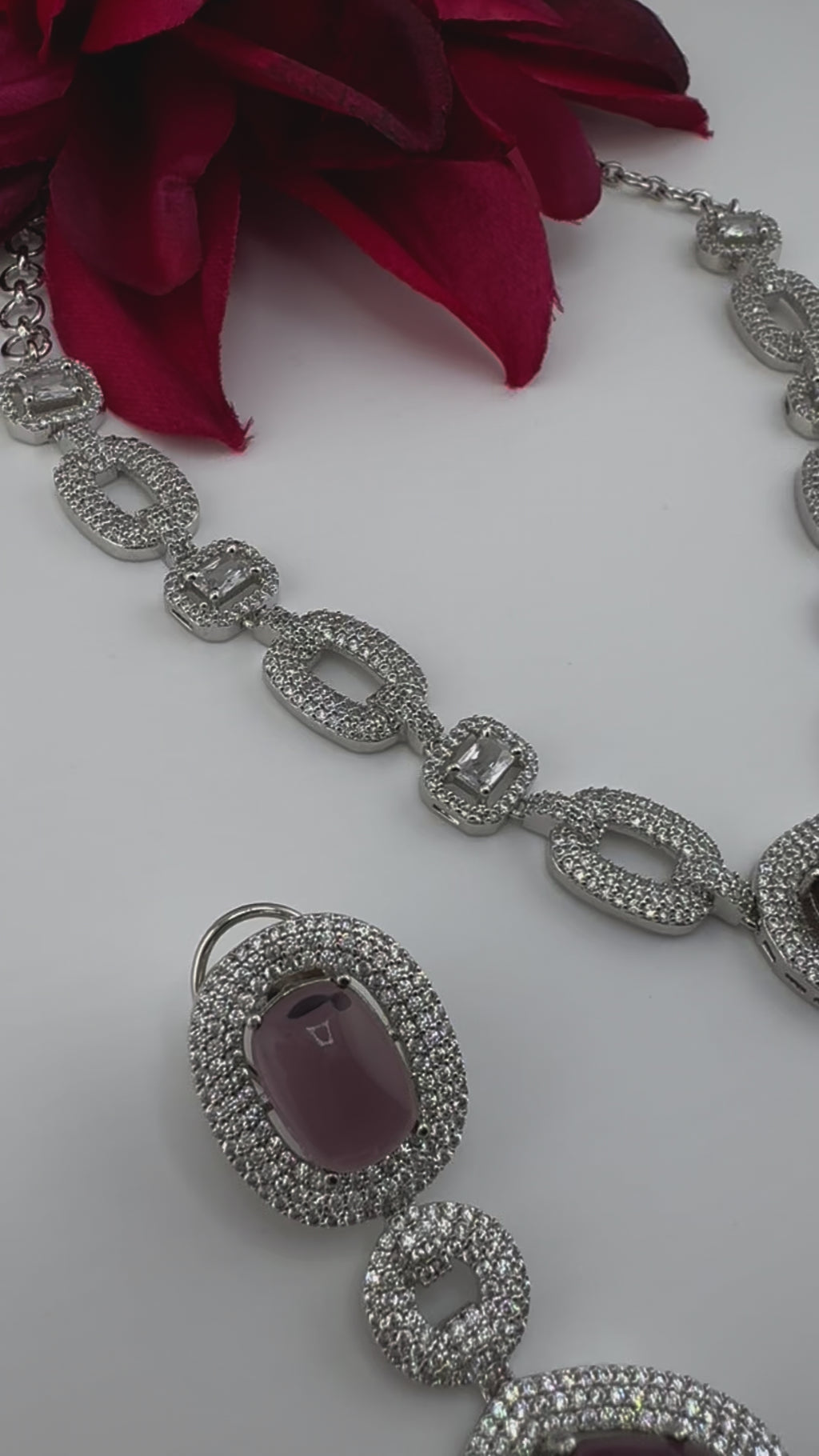 Premium Long necklace in Cubic Zirconia and Wine doublet stones Necklace set with long earrings