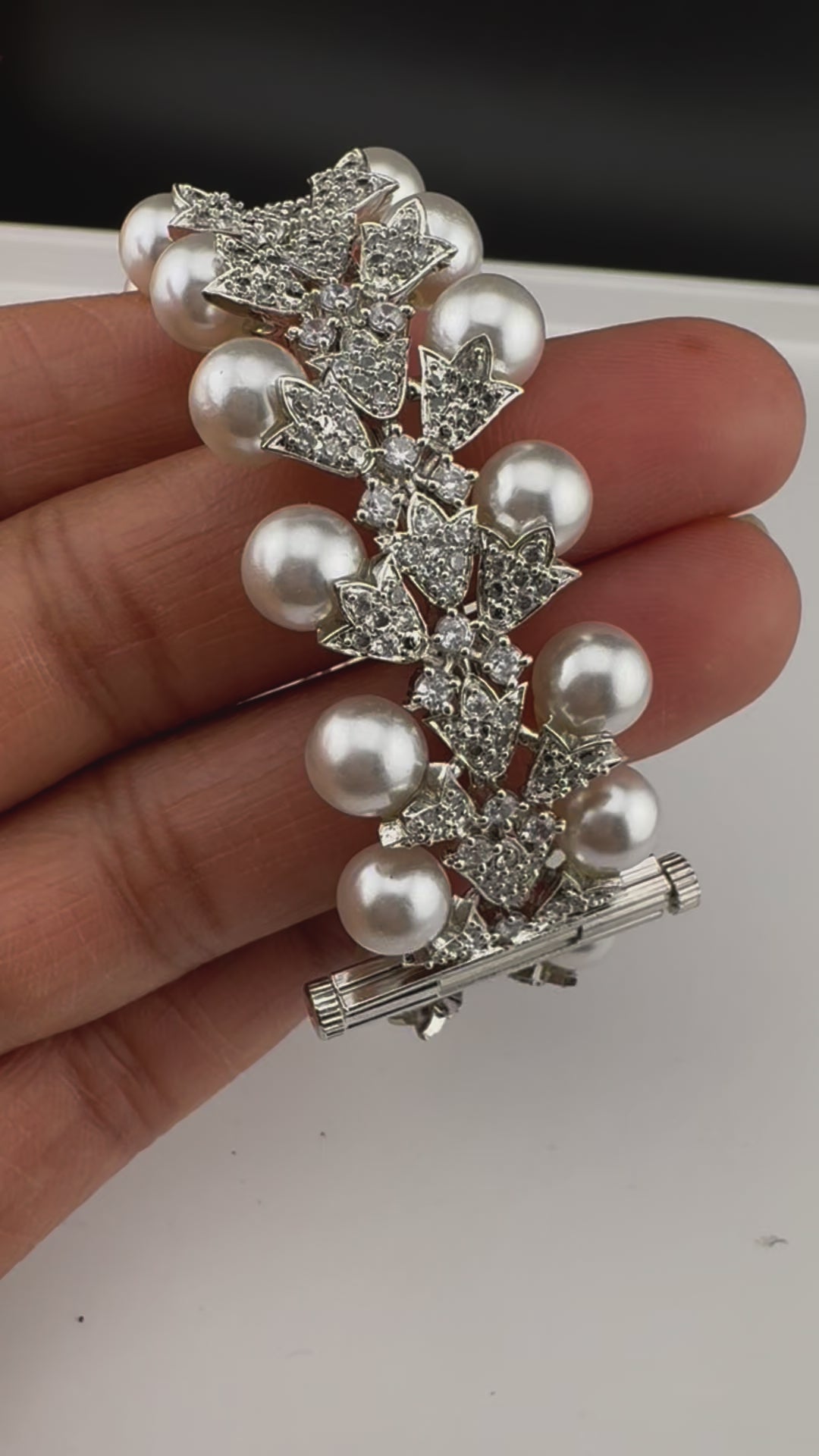 Premium Silver Color Bracelet with Pearls, Cubic Zirconia Openable is Designer inspired Bracelet bangles/Indian Kada/Wedding jewelry/Bangle