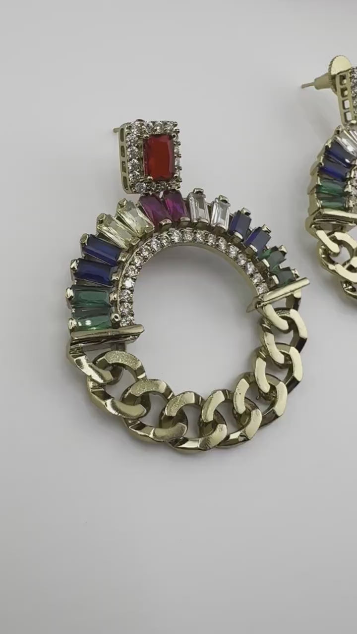Premium earrings in Gold Chain design, with multicolor glass crystals