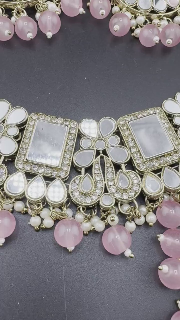 Mirror and pink pearls Necklace set with long earring and Tika