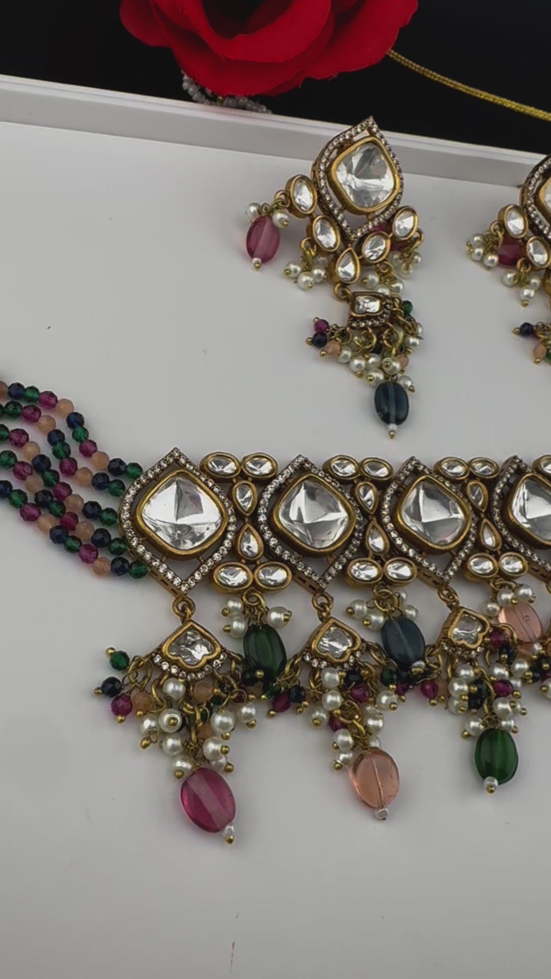 Multicolor Premium Quality Moissanite Uncut Kundan, CZ, natural stones, Onyx beads mala is Designer Choker necklace set with long earrings