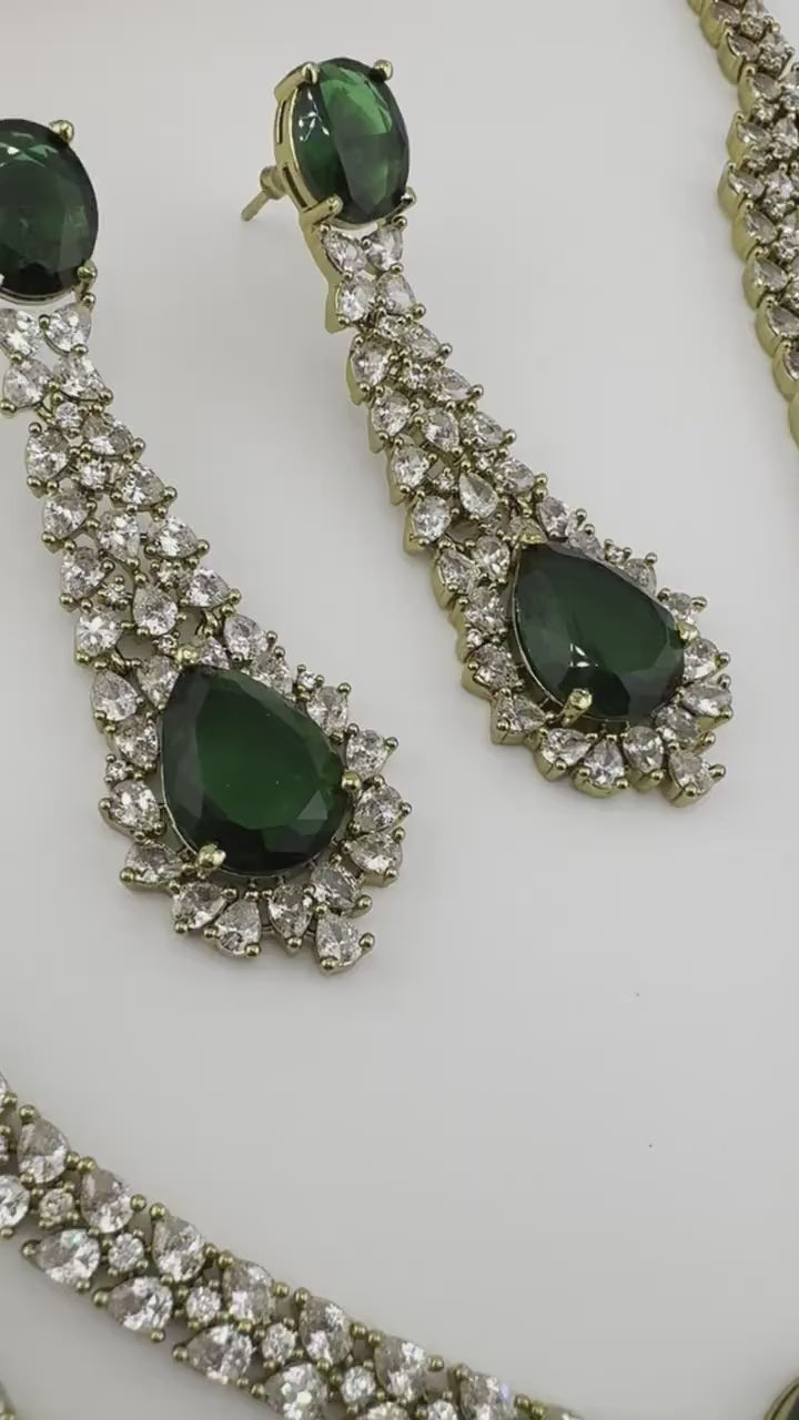 Victorian 3 layer Green Necklace set with long earrings